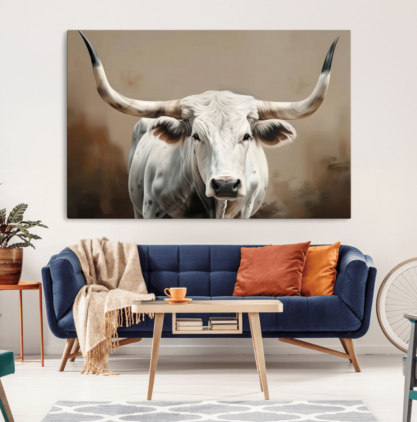 -White Longhorn Bull Wall Art Canvas Print – Framed and Ready to Hang – Perfect for Farmhouse and