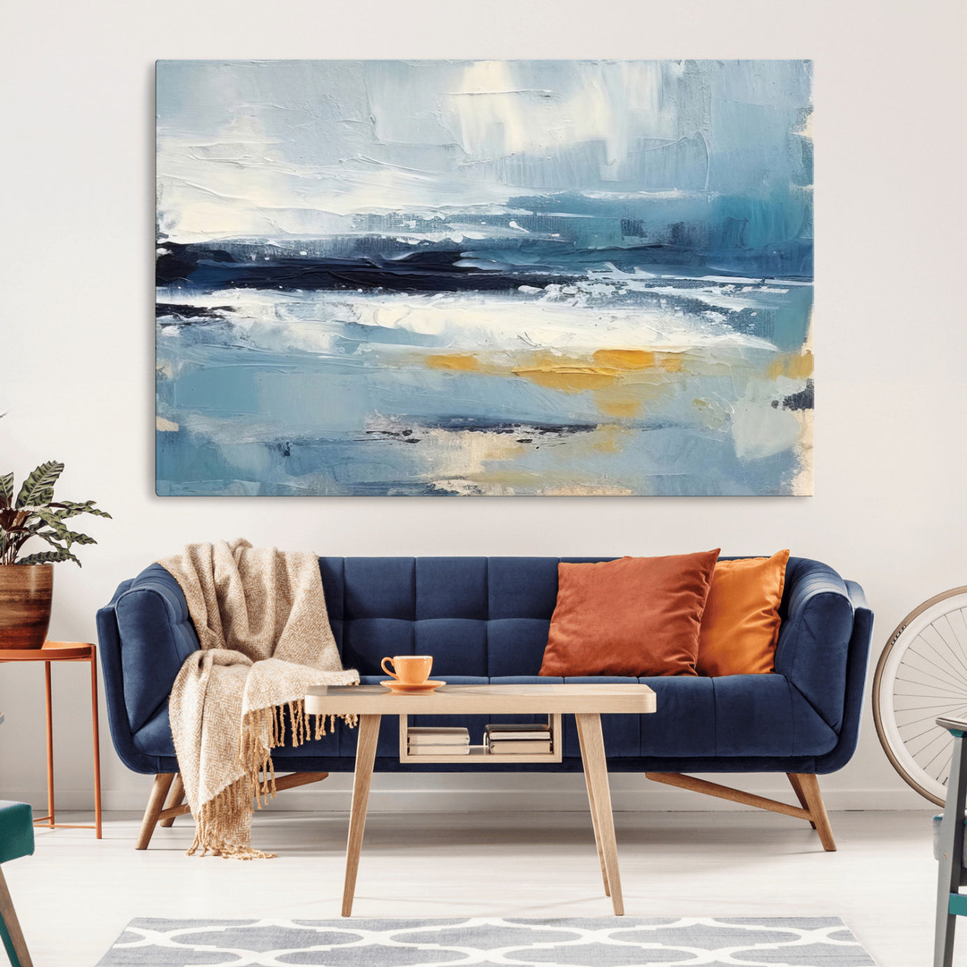 19746-MGV-CV-36X24-Abstract Ocean Canvas Wall Art - Coastal Blue and Gold Textured Painting, Modern Seascape Decor for