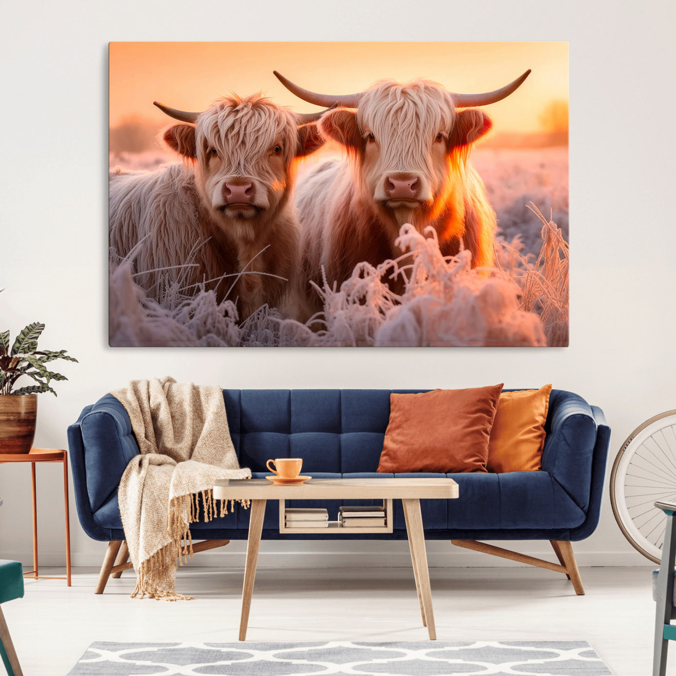 -Highland Cows at Sunrise Wall Art Canvas Set – Serene and Rustic Farmhouse Decor