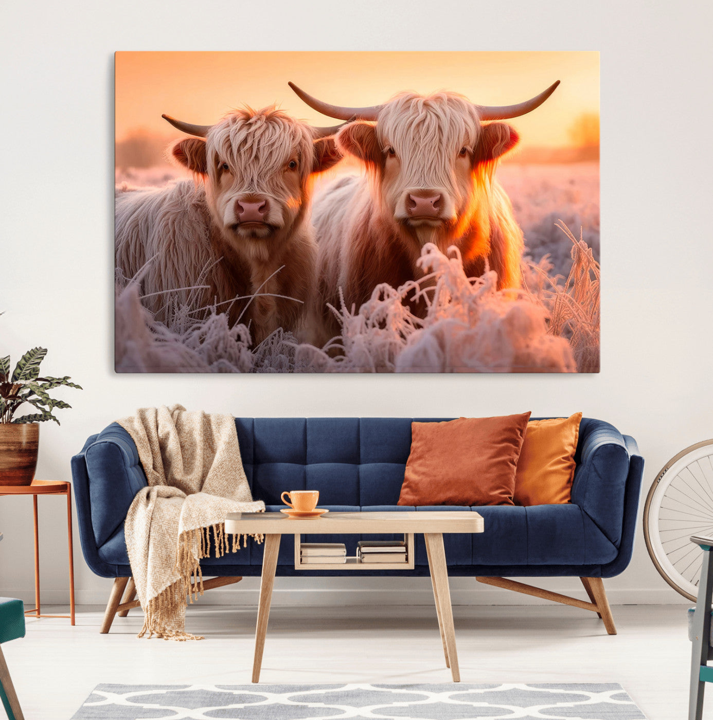 -Highland Cows at Sunrise Wall Art Canvas Set – Serene and Rustic Farmhouse Decor