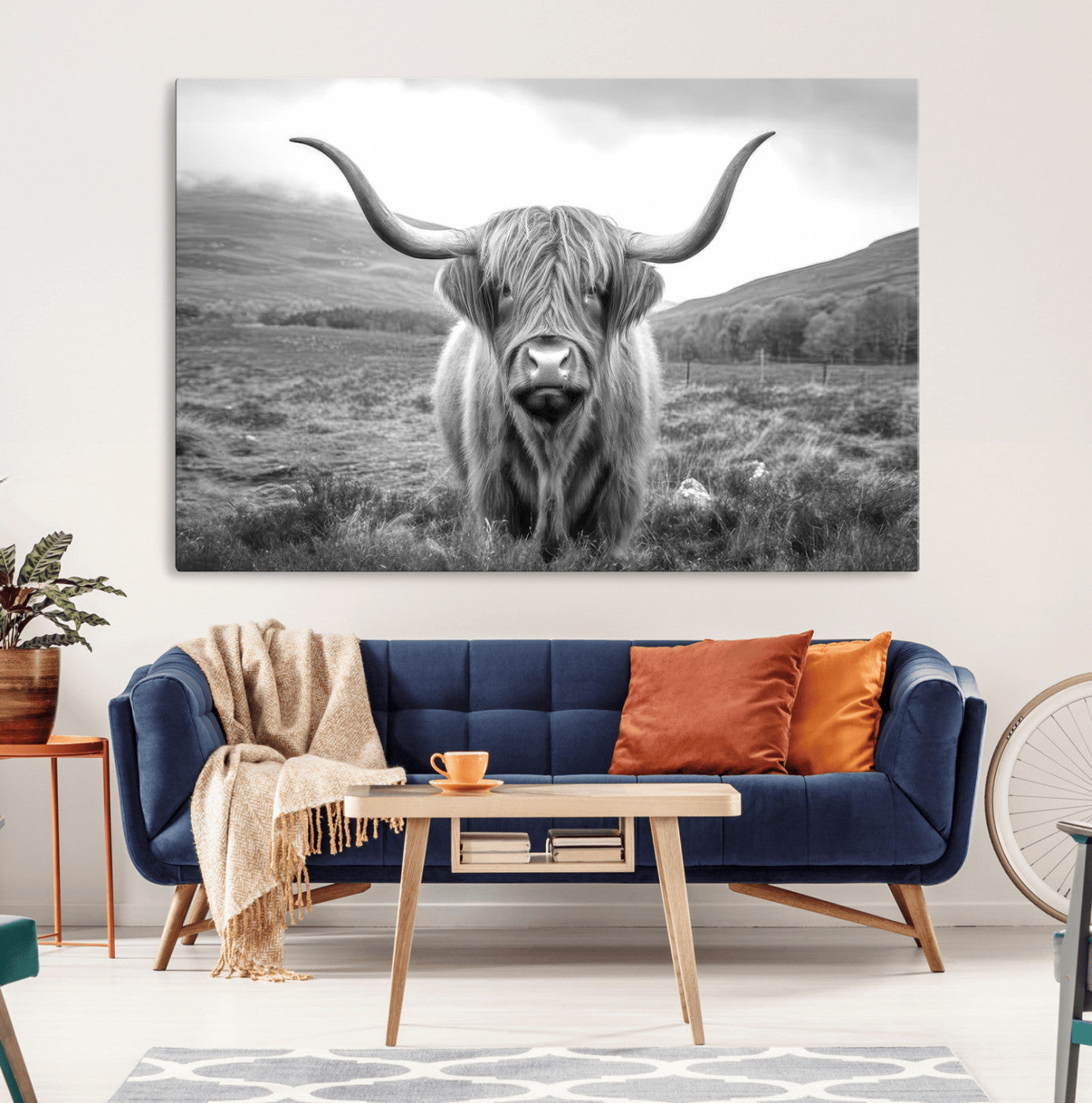 52903-MGV-CV-36X24-Black White Scottish Highland Cow Canvas Farm Wall Art Canvas Print Rustic Animal Art for Home, Office Decor