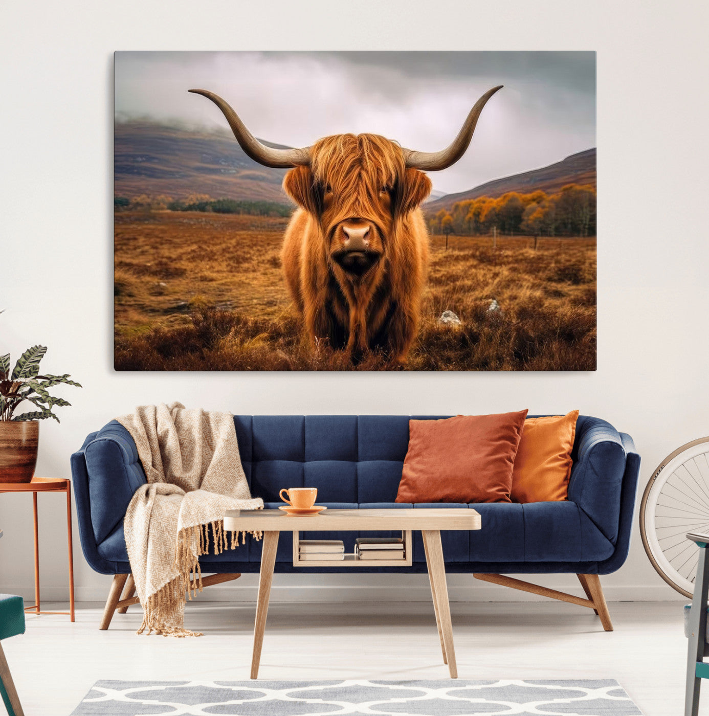 -Highland Cow Longhorn Wall Art – Rustic Canvas Print, Framed and Ready to Hang for Farmhouse Décor