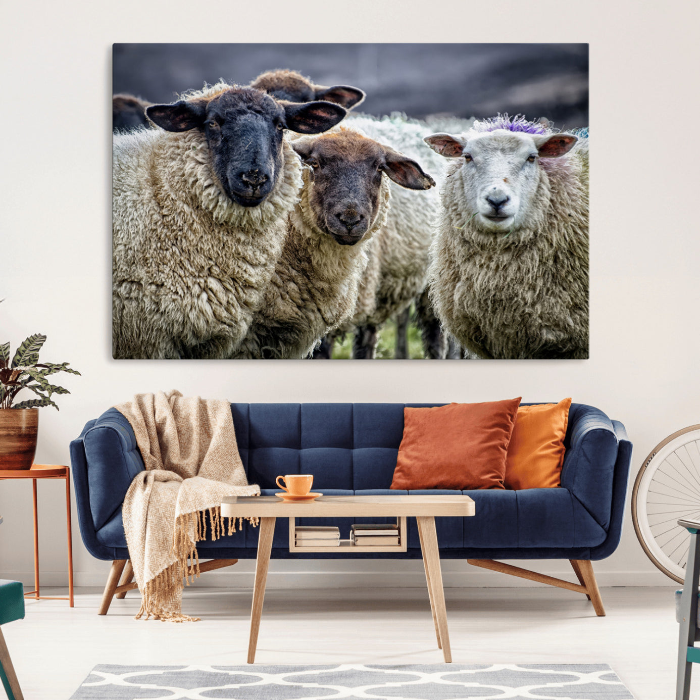-Charming Sheep Portrait Wall Art – Trio of Woolly Companions Canvas Print, Framed, Ready to Hang