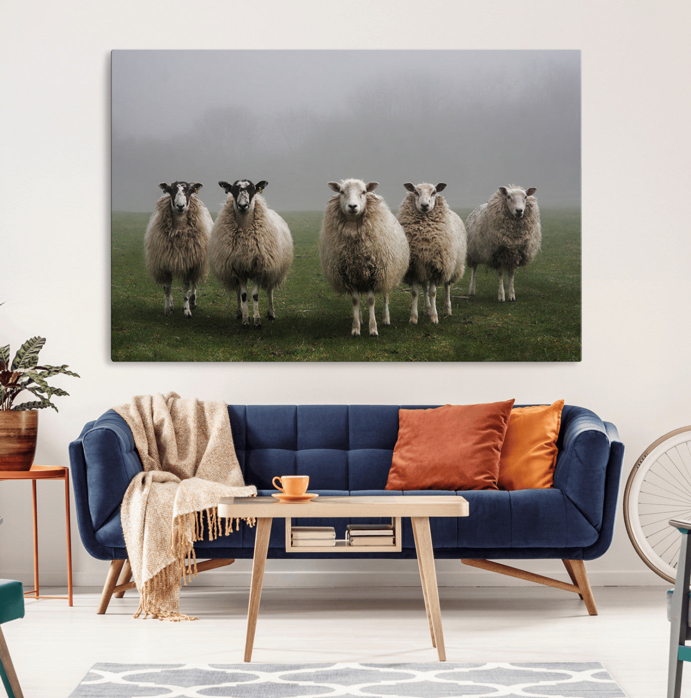 -Flock of Sheep in a Mystical Fog – Pastoral Wall Art Canvas Print, Framed, Ready to Hang