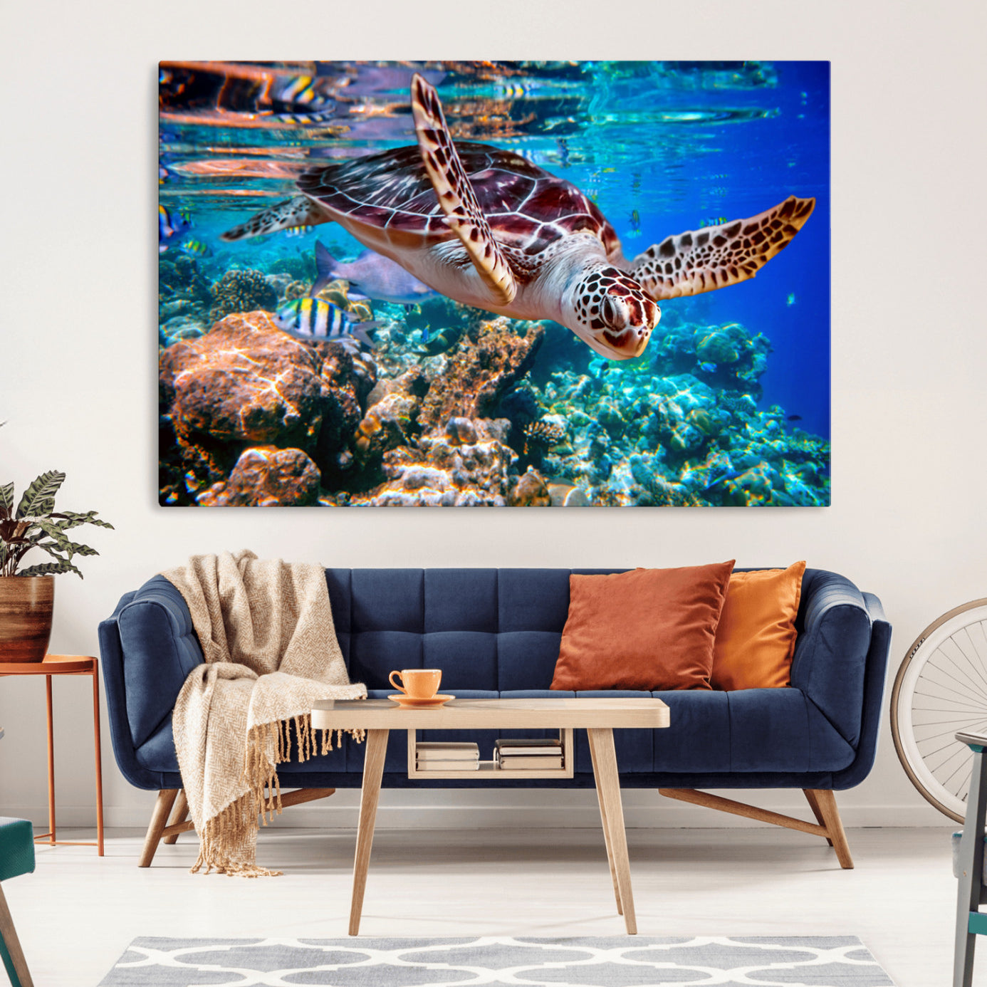 -Underwater Coral Reef Sea Turtle Wall Art Canvas Print, Vibrant Marine Life | Colorful Ocean Scene