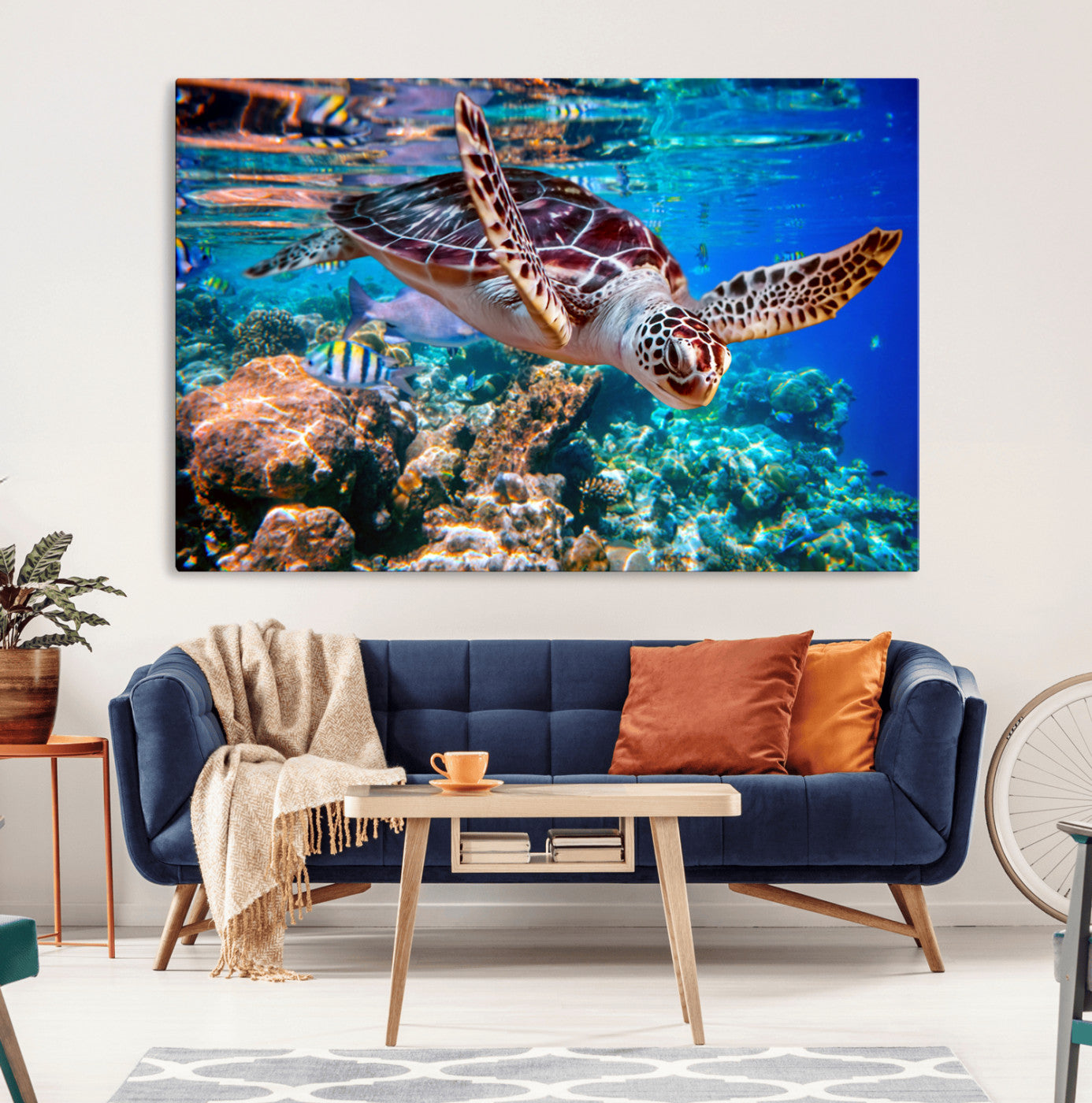 -Underwater Coral Reef Sea Turtle Wall Art Canvas Print, Vibrant Marine Life | Colorful Ocean Scene