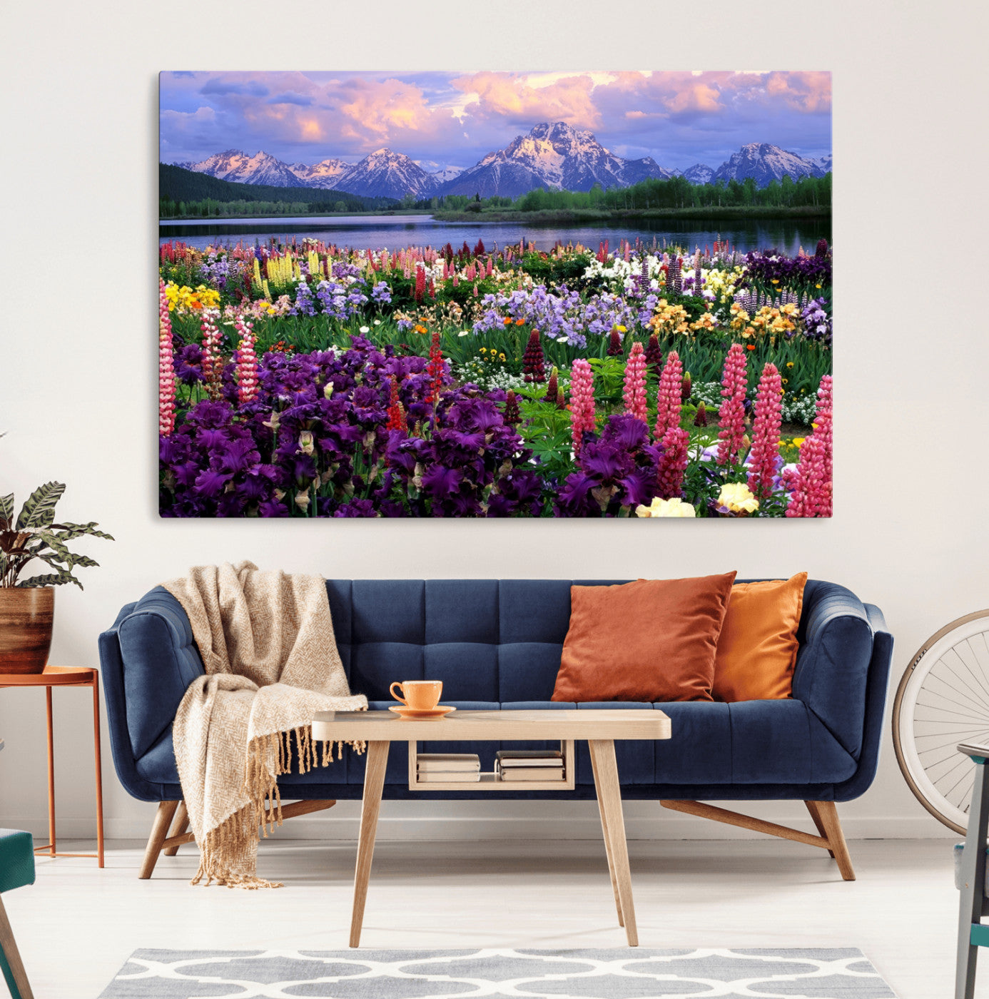 -Wildflower Canvas Print – Blooming Floral Meadows with Majestic Mountain Backdrop, Ready to Hang