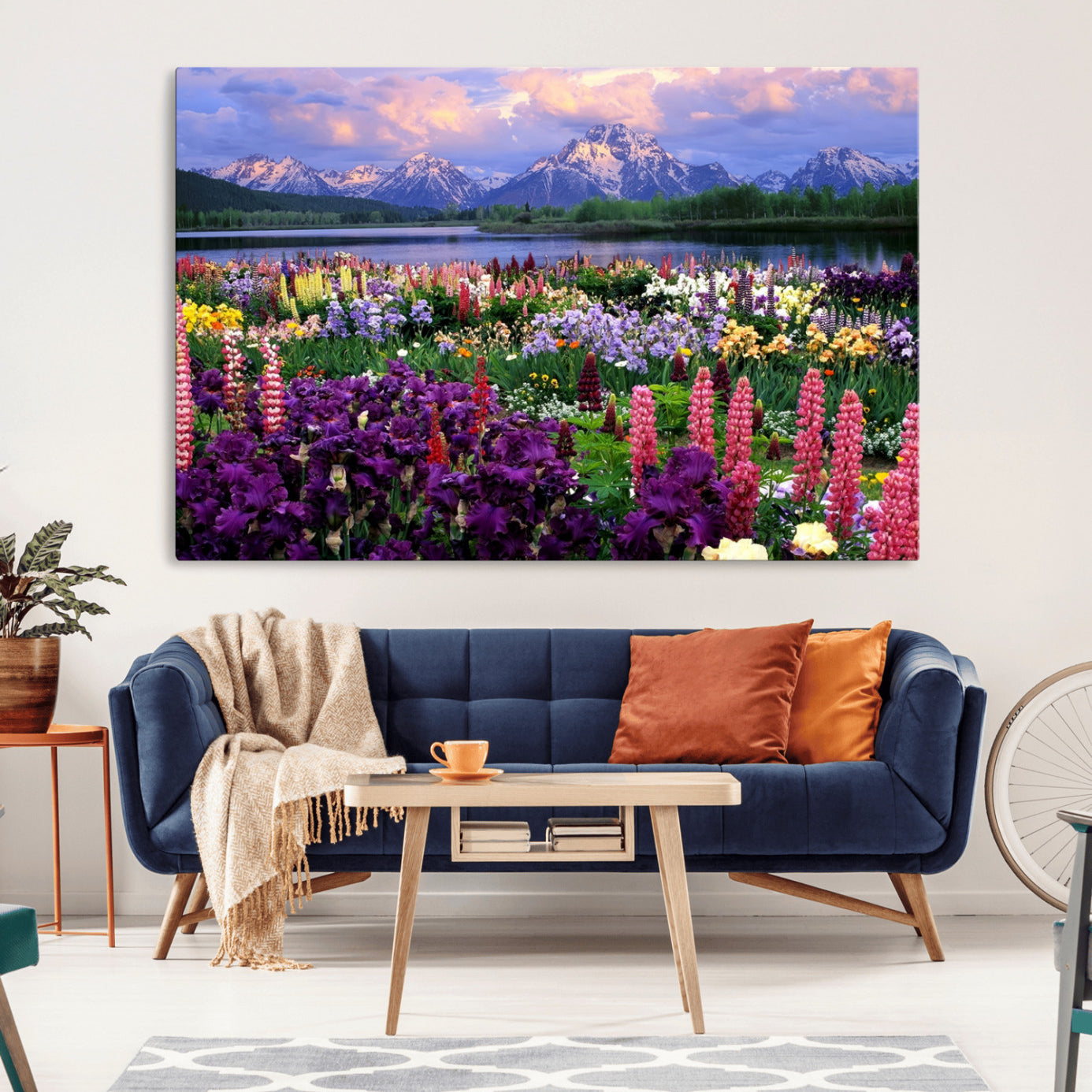 -Vibrant Wildflower Garden and Mountain View Giclee Canvas Print | Floral Wall Art for Living Room
