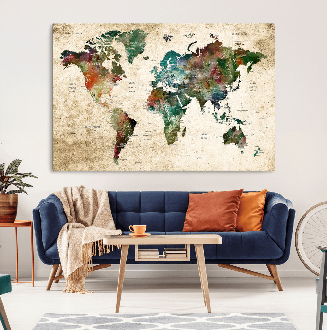 45128-MGV-CV-36X24-Push Pin World Map Canvas Print – Framed Travel Tracker Wall Art for Couples, Perfect Anniversary Gift and Home Decor