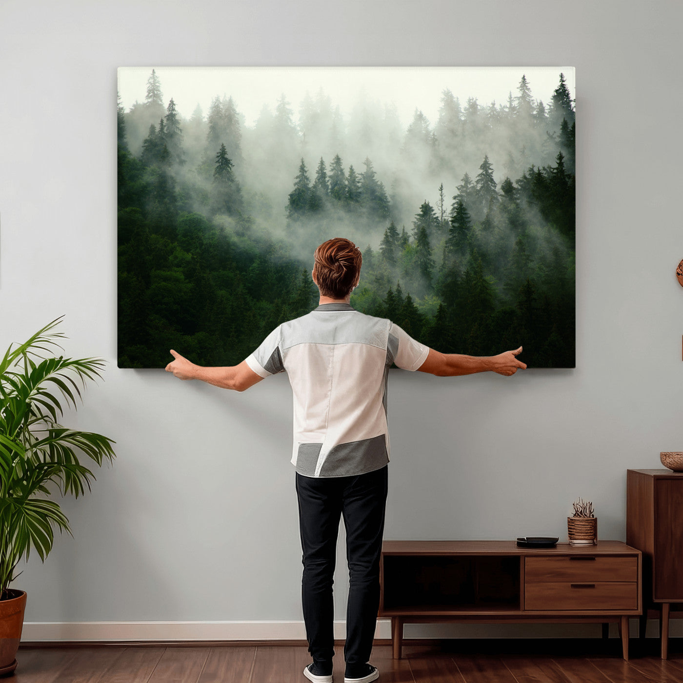 167720496-MGV-CV-36X24 - Misty Forest Mountain Wall Art Canvas | Large 3-Panel Foggy Landscape Canvas Print | Nature Misty
