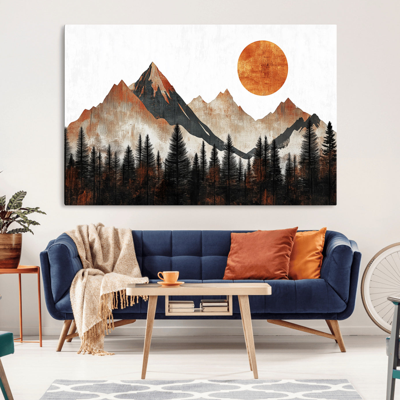 71366-MGV-CV-36X24-Modern Abstract Mountain Canvas Wall Art Print, Abstract Landscape Print, Rustic Sun and Mountains