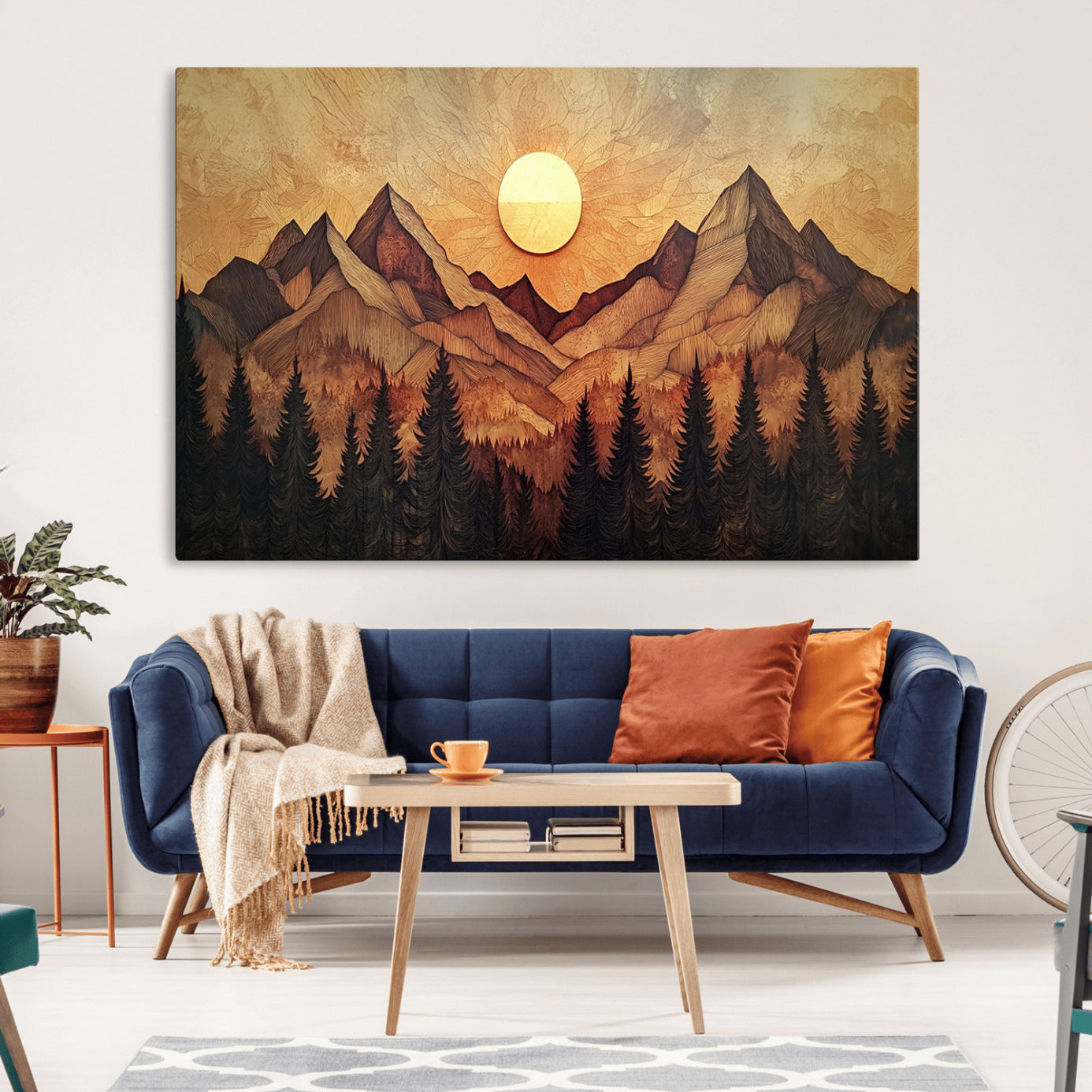 71340-MGV-CV-36X24-Wood Style Abstract Mountain Sunset Canvas Wall Art Print - Warm Earth Nature-Inspired Decor for