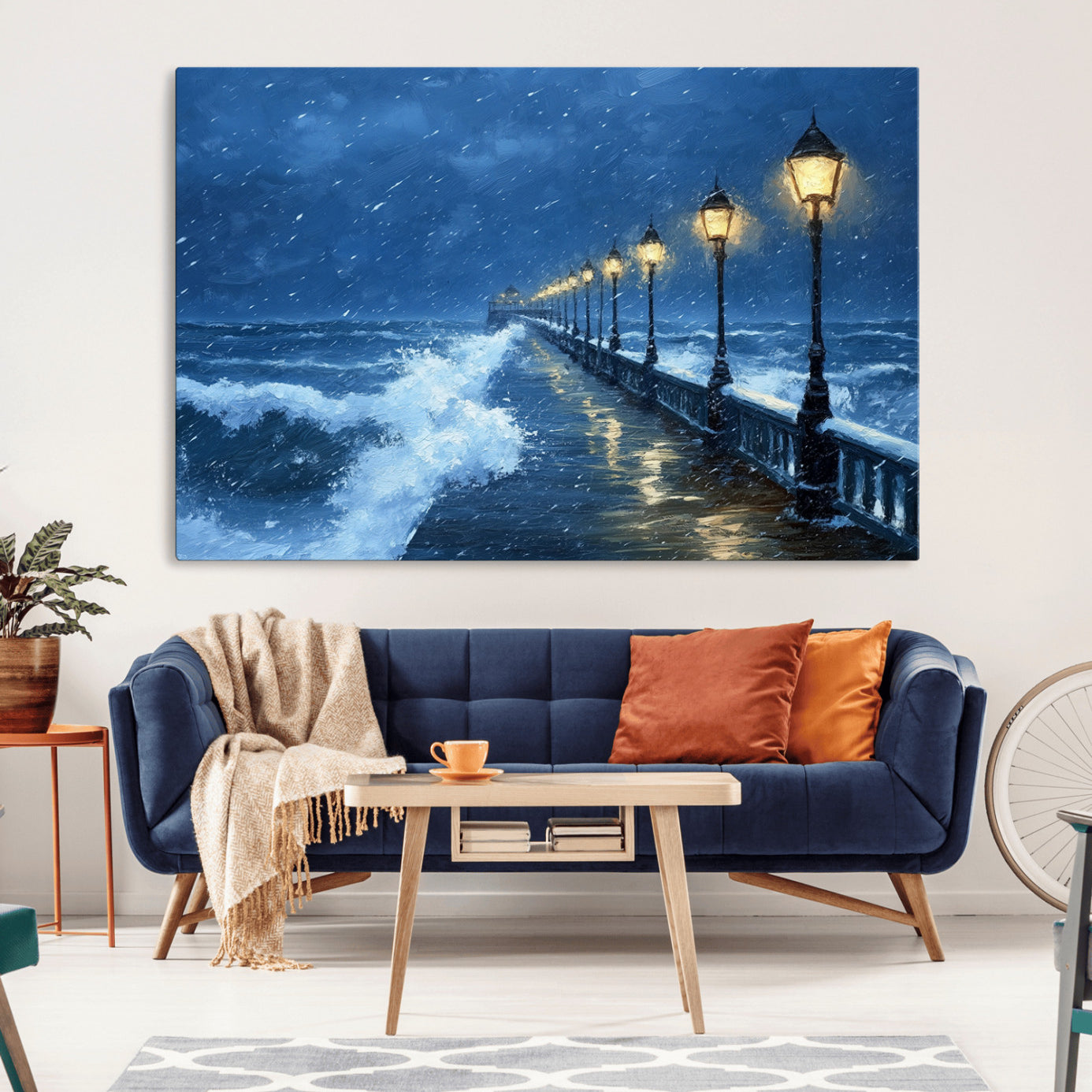 32668-MGV-CV-36X24-Stormy Ocean Pier Lights Canvas Wall Art Print - Large Moody Night Scene for Living Room, or Office,
