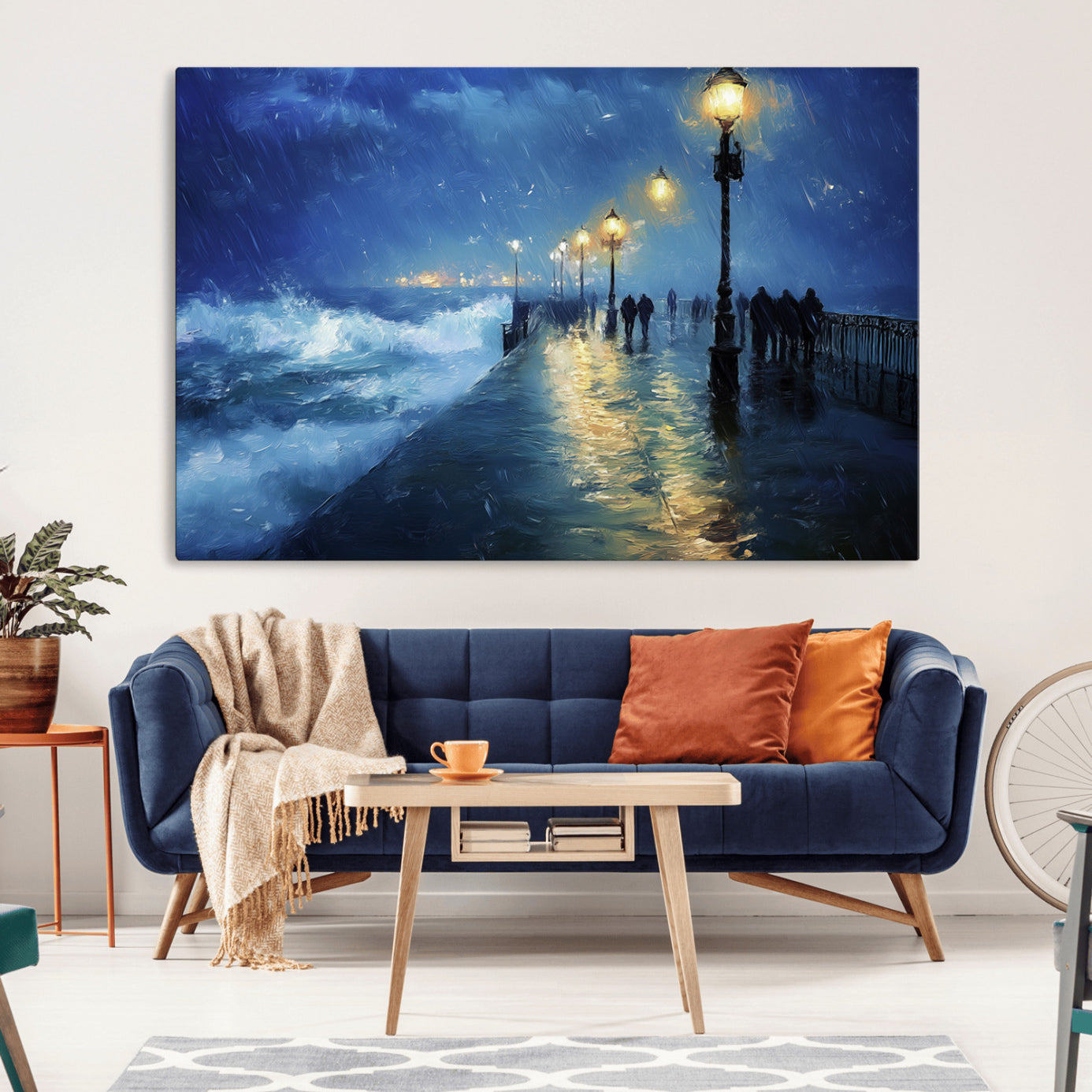 76572-MGV-CV-36X24-Abstract Stormy Ocean Pier Canvas Wall Art Print | Stormy Ocean Art | Large Moody Night Scene Print,