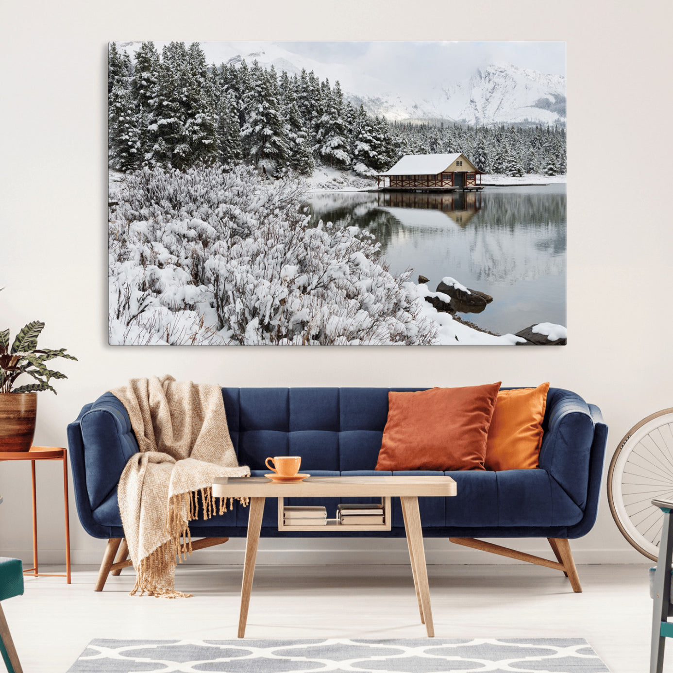 -Winter Wall Art - Cabin by the Lake Canvas Wall Art - Serene Snowy Landscape with Mountain View,