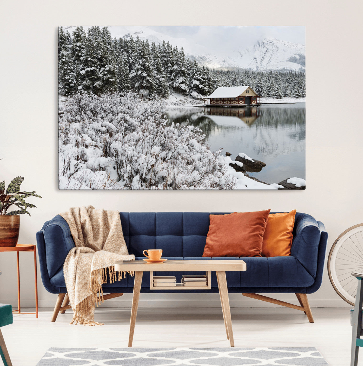 94285-MGV-CV-36X24-Winter Wall Art - Cabin by the Lake Canvas Wall Art - Serene Snowy Landscape with Mountain View,