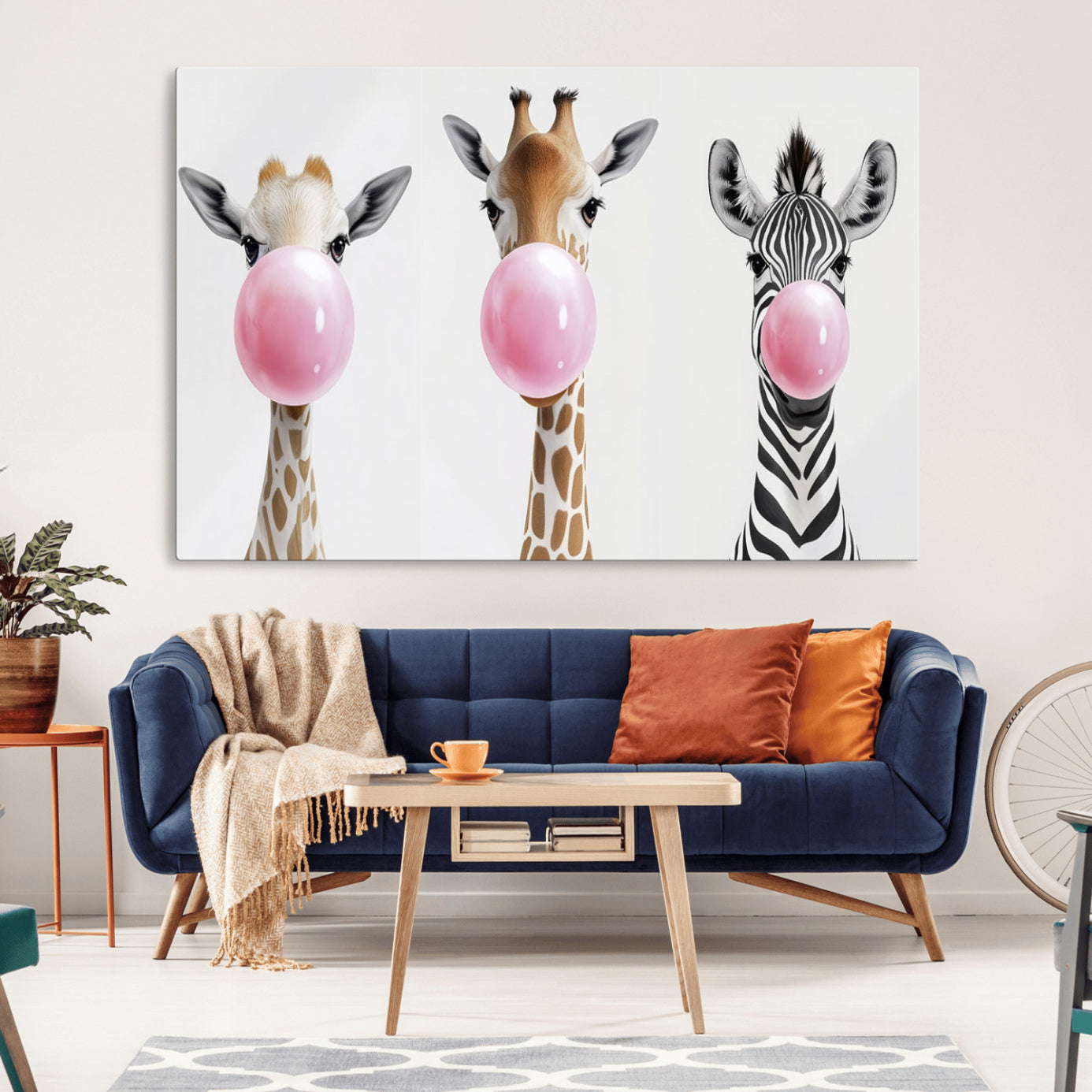 -Bubblegum Animals Canvas Wall Art - Playful Giraffe and Zebra Trio, Fun Nursery Decor for Kids'