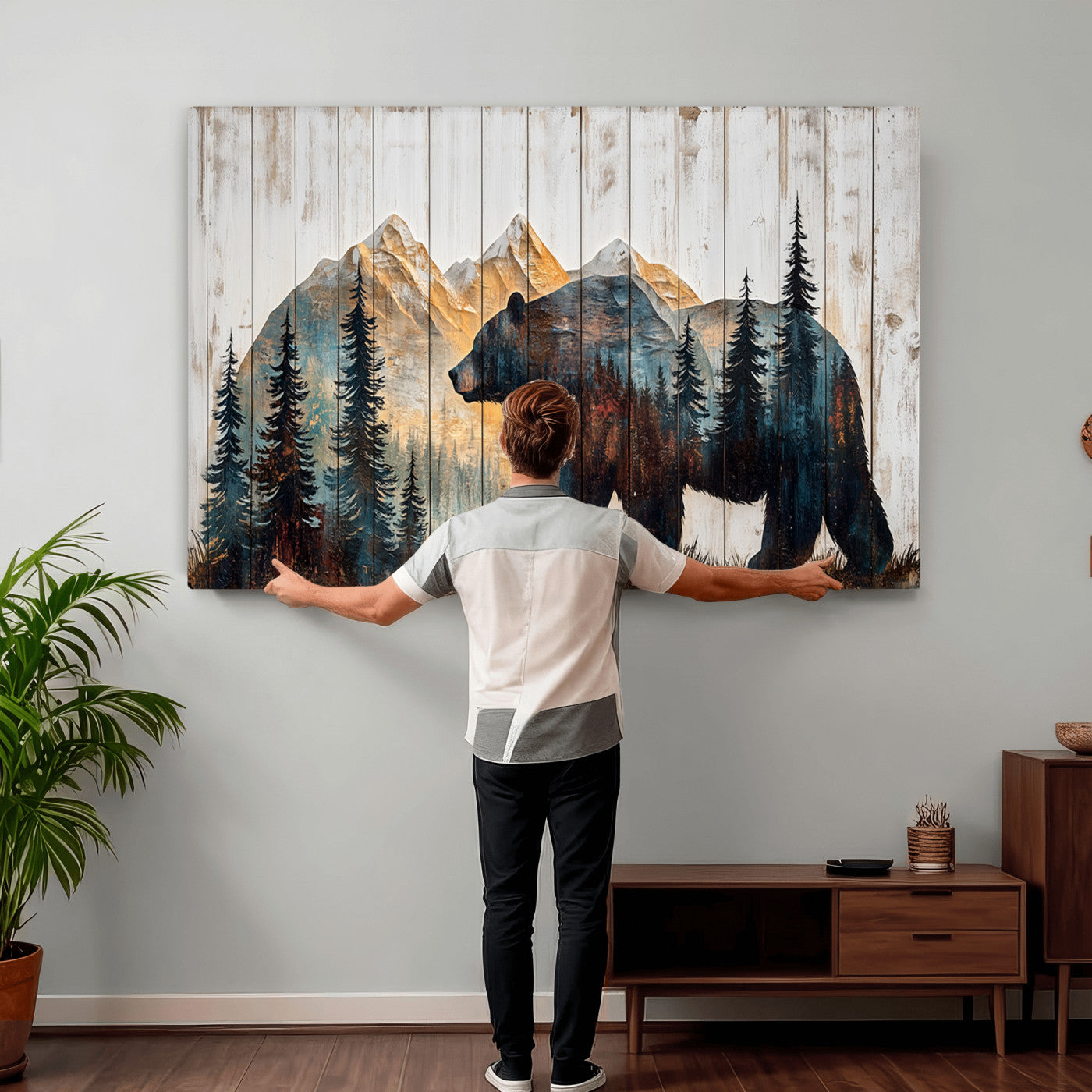 90077-MGV-CV-36X24 - Rustic Bear Wall Art - Grizzly 399 Bear Wall Art - Mountain Wood Canvas Wall Art - Nature Theme