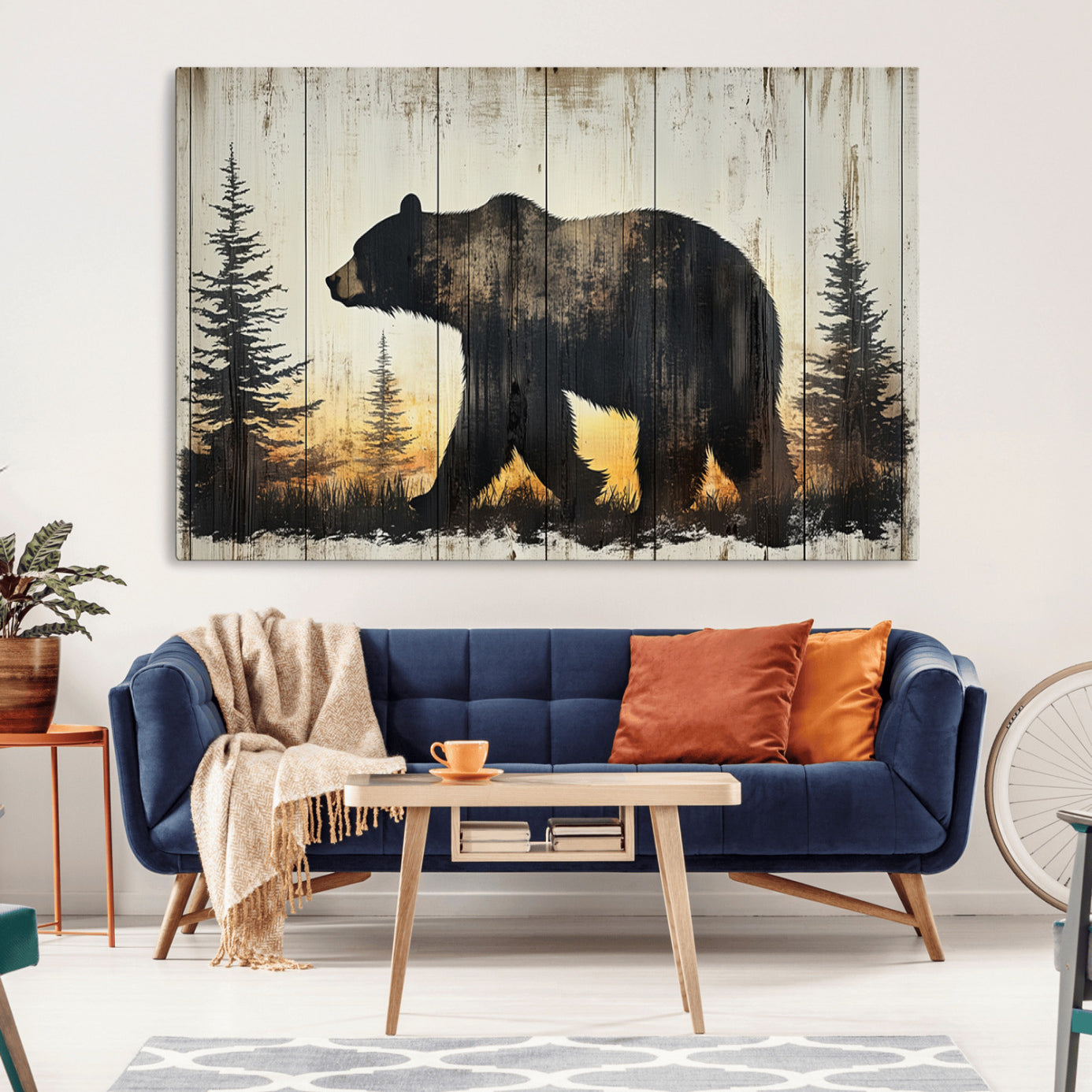 83875-MGV-CV-36X24-Vintage Bear Wall Art Canvas Print for Farmhouse - Mountain Wood Canvas Wall Art - Forest Silhouette