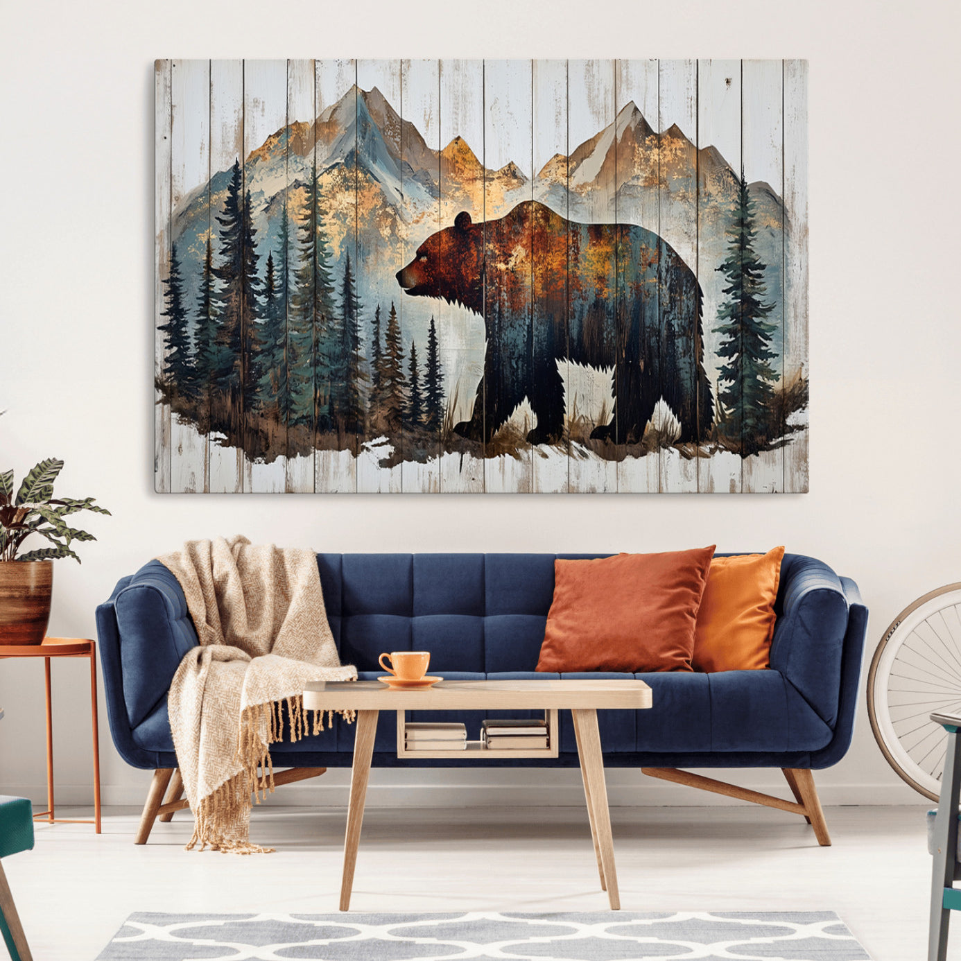 55777-MGV-CV-36X24-Rustic Grizzly 399 Bear and Mountain Wood Canvas Wall Art - Framed Nature Artwork with Forest