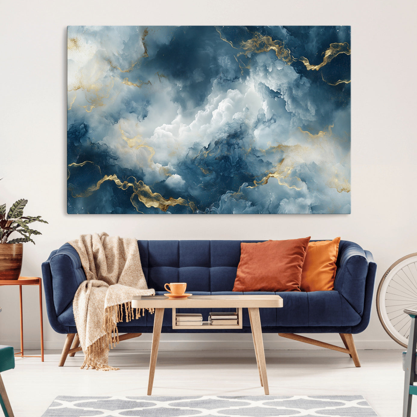 48298-MGV-CV-36X24-Large Abstract Print - Luxe Blue and Gold Abstract Canvas Wall Art - Bold Cloudscape Canvas for