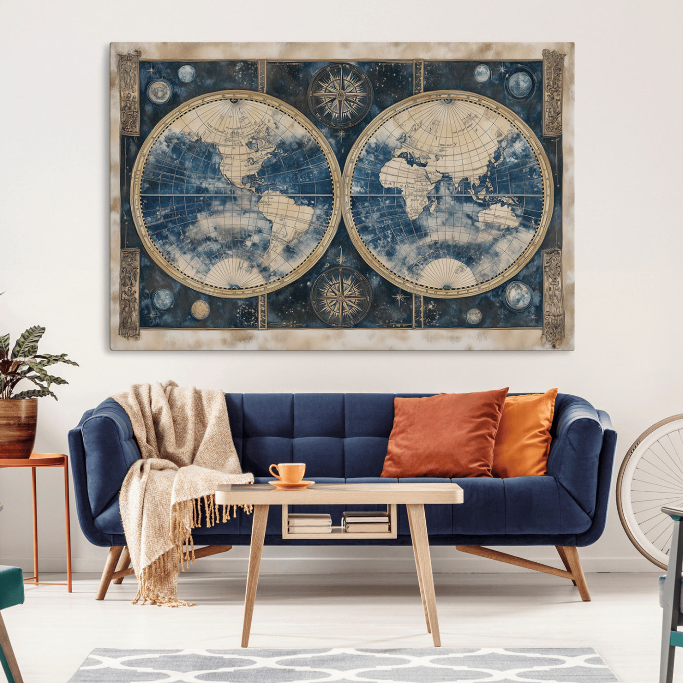 -Framed Vintage Blue World Map Canvas Print – Antique Double Hemisphere Wall Art for Home and Office Decor, Classic Explorer Map Artwork