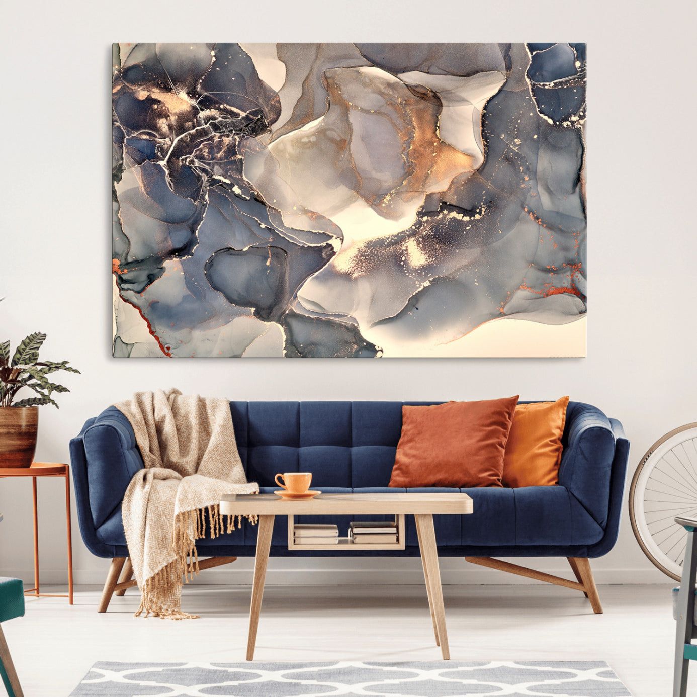 -Abstract Blue and Gold Wall Art - Fluid Ink Artwork - Modern Luxury Wall Decor for Contemporary
