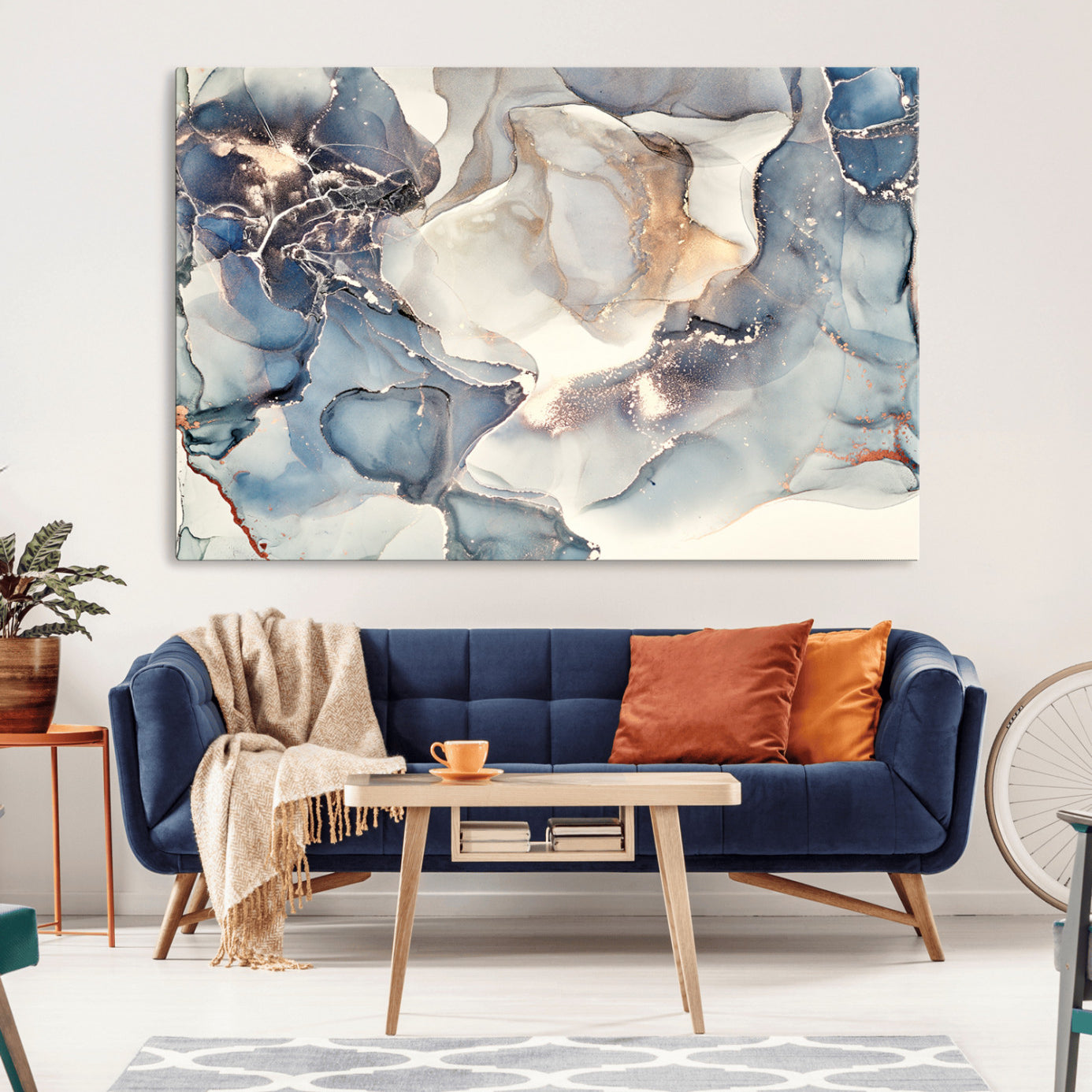 51497-MGV-CV-36X24-Abstract Blue and Gold Canvas Wall Art - Fluid Modern Ink Artwork - Modern Luxury Wall Decor for