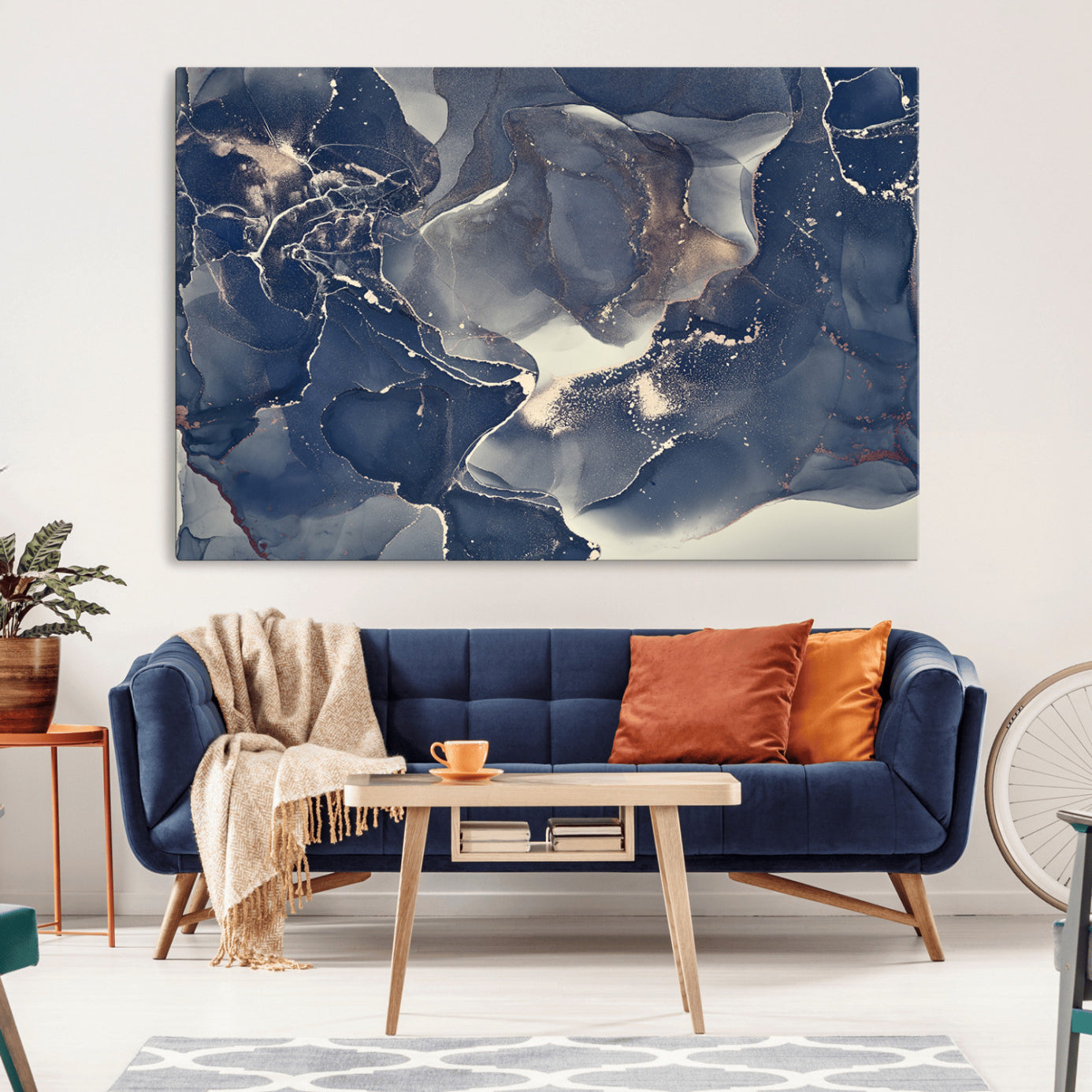 28282-MGV-CV-36X24-Large Abstract Blue and Gold Canvas Wall Art | Fluid Ink Artwork Print | Luxury Wall Decor for