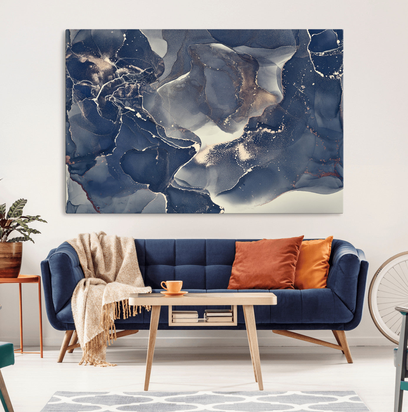 28282-MGV-CV-36X24-Large Abstract Blue and Gold Canvas Wall Art | Fluid Ink Artwork Print | Luxury Wall Decor for