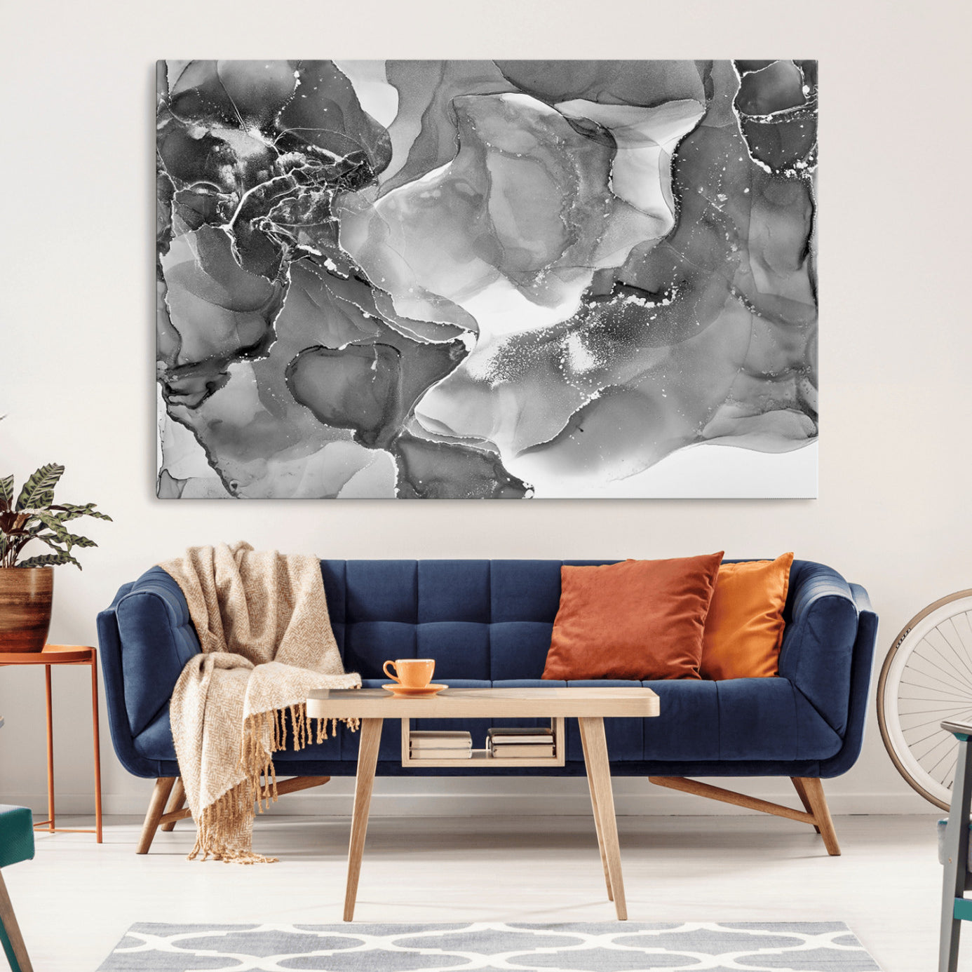 15911-MGV-CV-36X24-Black White Abstract Canvas Wall Art - Fluid Ink Artwork - Modern Luxury Wall Decor for Contemporary