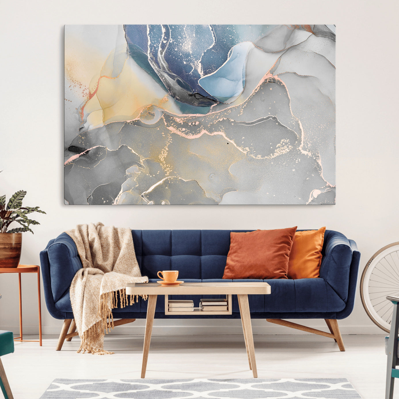 18176-MGV-CV-36X24-Large Abstract Blue and Gold Canvas Wall Art | Fluid Ink Artwork Print | Luxury Wall Decor for