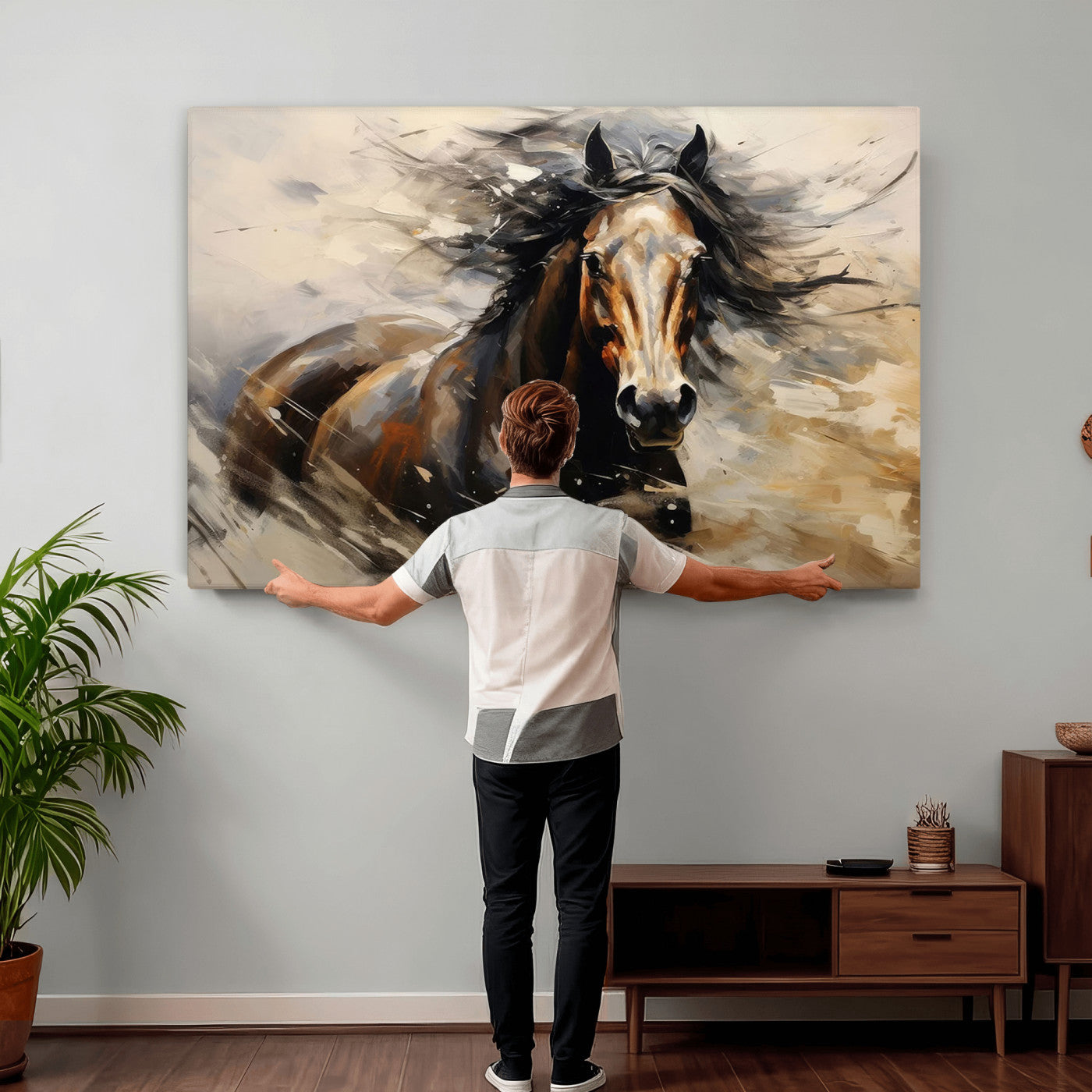53001-MGV-CV-36X24 - Abstract Wall Art Horse Print - Large Western Horse Canvas - Farmhouse Woodland Wall Art - Framed