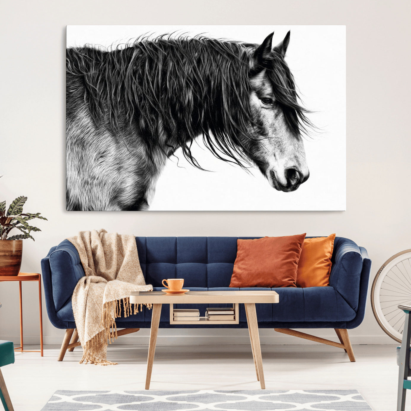 MGV-CV-36X24 - Majestic Horse Wall Art – Black and White Canvas Print, Graceful Animal Portrait, Elegant Wildlife Decor for Home, Office or Guest Room