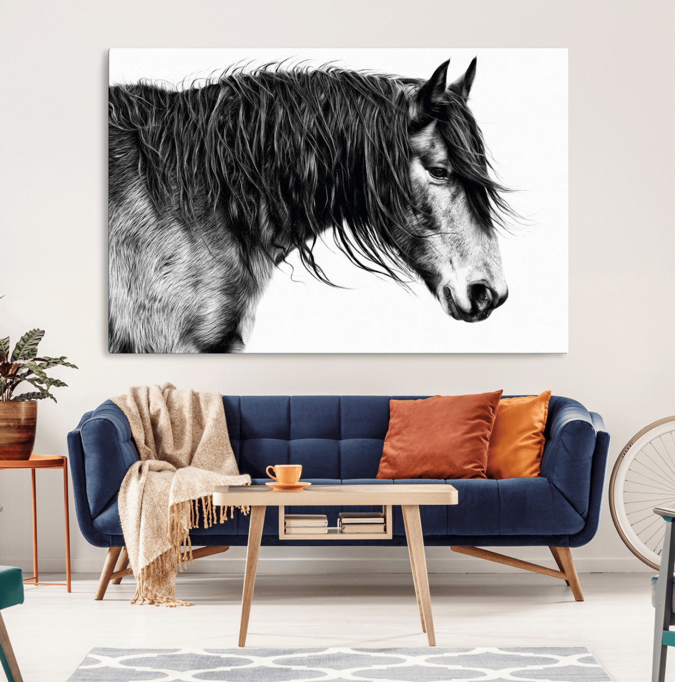 57694-MGV-CV-36X24-Majestic Horse Wall Art – Framed Black White Portrait Canvas Artwork, Graceful Animal Design, Rustic Decor for Home, Office