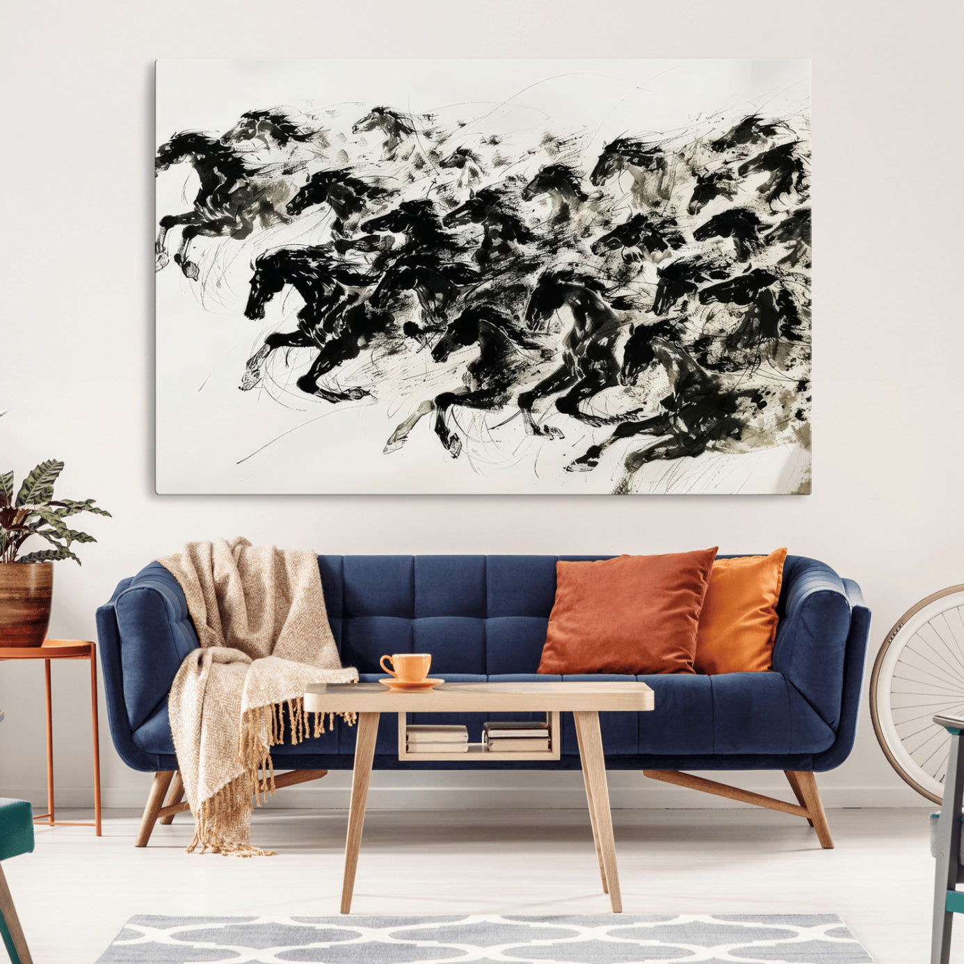 23069-MGV-CV-36X24-Abstract Horse Wall Art Canvas Print - Dynamic Black Ink Horse Print - Modern Equine Wall Decor for