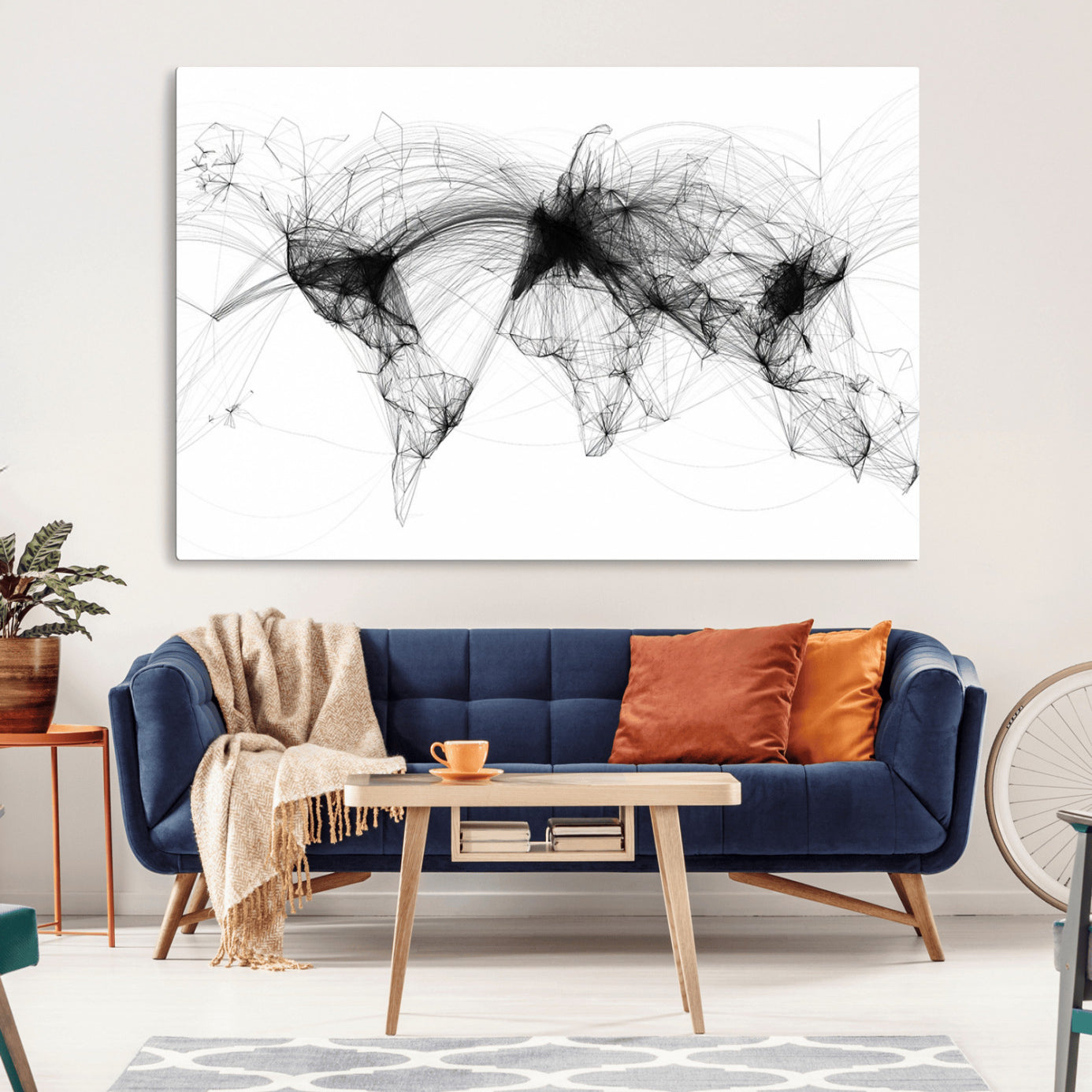 50136-MGV-CV-36X24-Abstract World Map Wall Art – Framed Geometric Line Canvas Artwork, Modern Global Design, Contemporary Decor for Home, Office