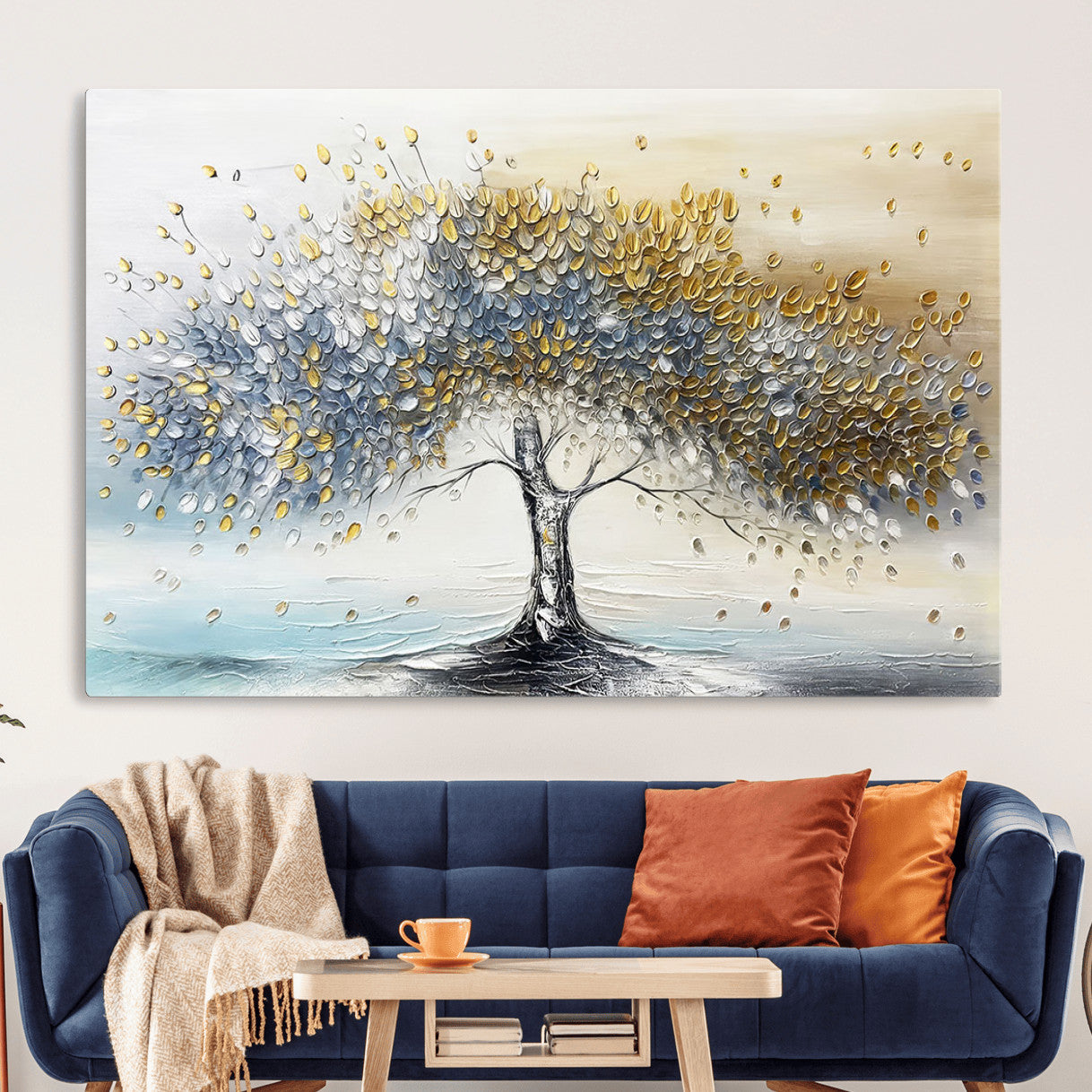 MGV-CV-36X24 - Golden & Silver Tree of Life Wall Art – Canvas Print with Whimsical Leaves Elegant Nature Design, Decorative Home, Office or Guest Room Decor