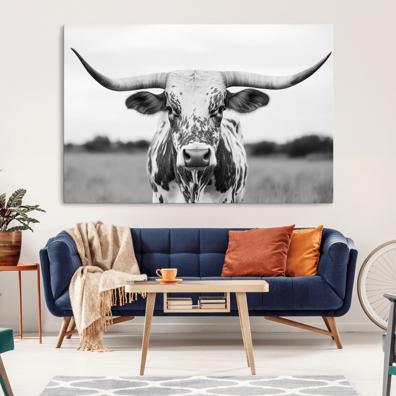 -Highland Cow Wall Art - Black and White Western Longhorn Canvas Print - Farmhouse Living Room Decor