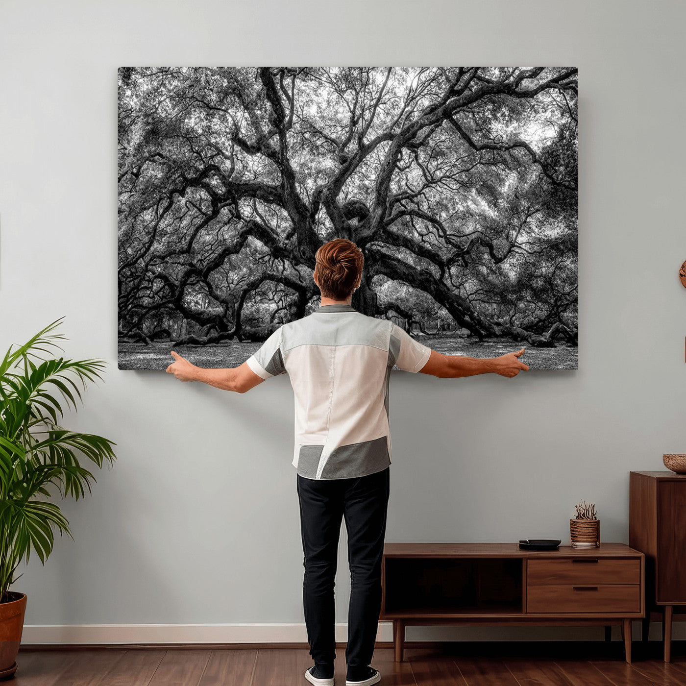 132944706-MGV-CV-36X24 - Black and White Old Angel Oak Tree Wall Art Canvas Print