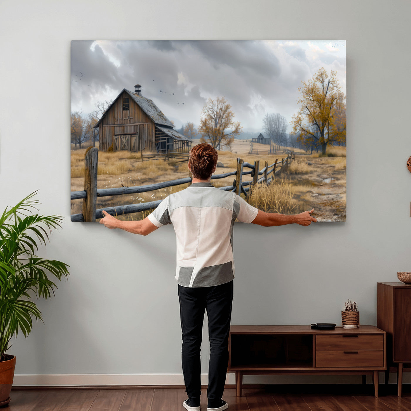 Farm1-MGV-CV-36X24 - Rustic Autumn Farmhouse Wall Art Canvas Print – Serene Countryside Scene with Weathered Barn and