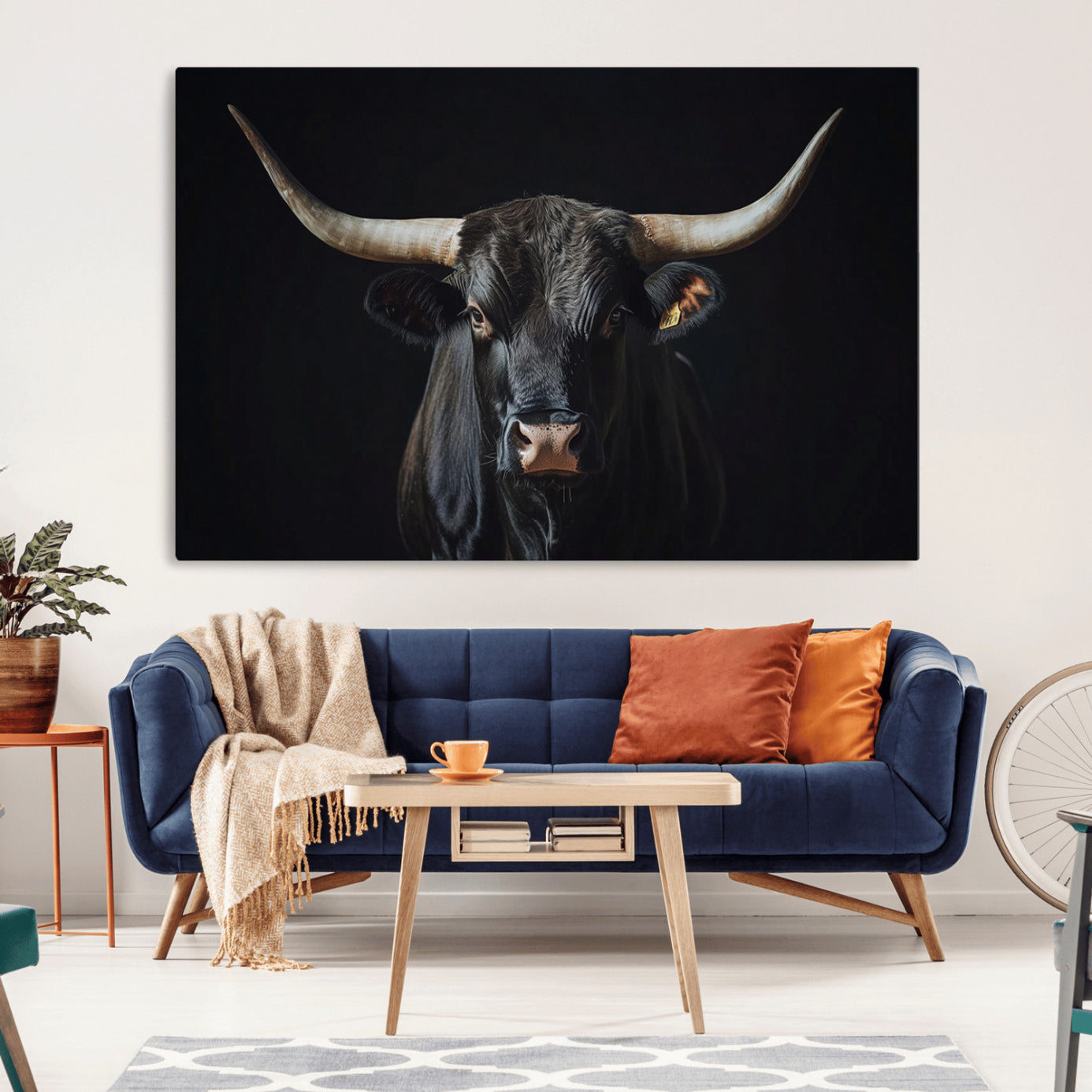 48065167-MGV-CV-36X24-Majestic Longhorn Bull Wall Art Canvas Print – Dark Background Western Ranch Portrait Artwork for Home, Office