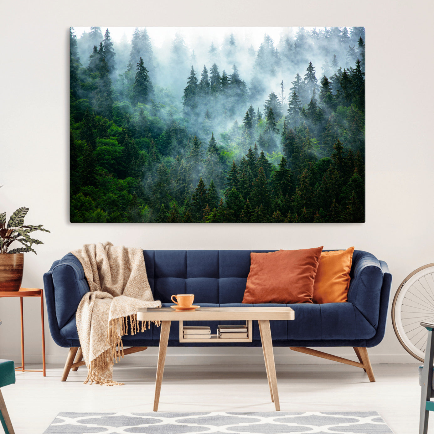 17393683-MGV-CV-36X24-Misty Forest Wall Art Canvas Print – Framed Foggy Mountain Scene with Serene Nature Artwork for Home, Office, Living Room
