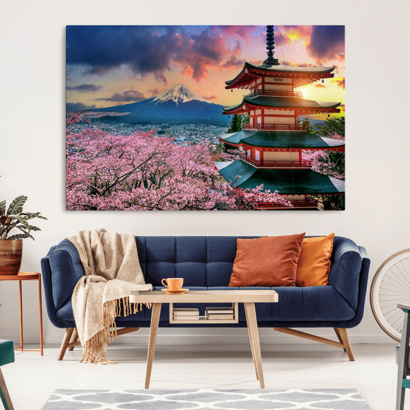 -Mount Fuji & Cherry Blossom Wall Art Canvas Print – Iconic Japanese Landscape, Sakura Pagoda Sunset,