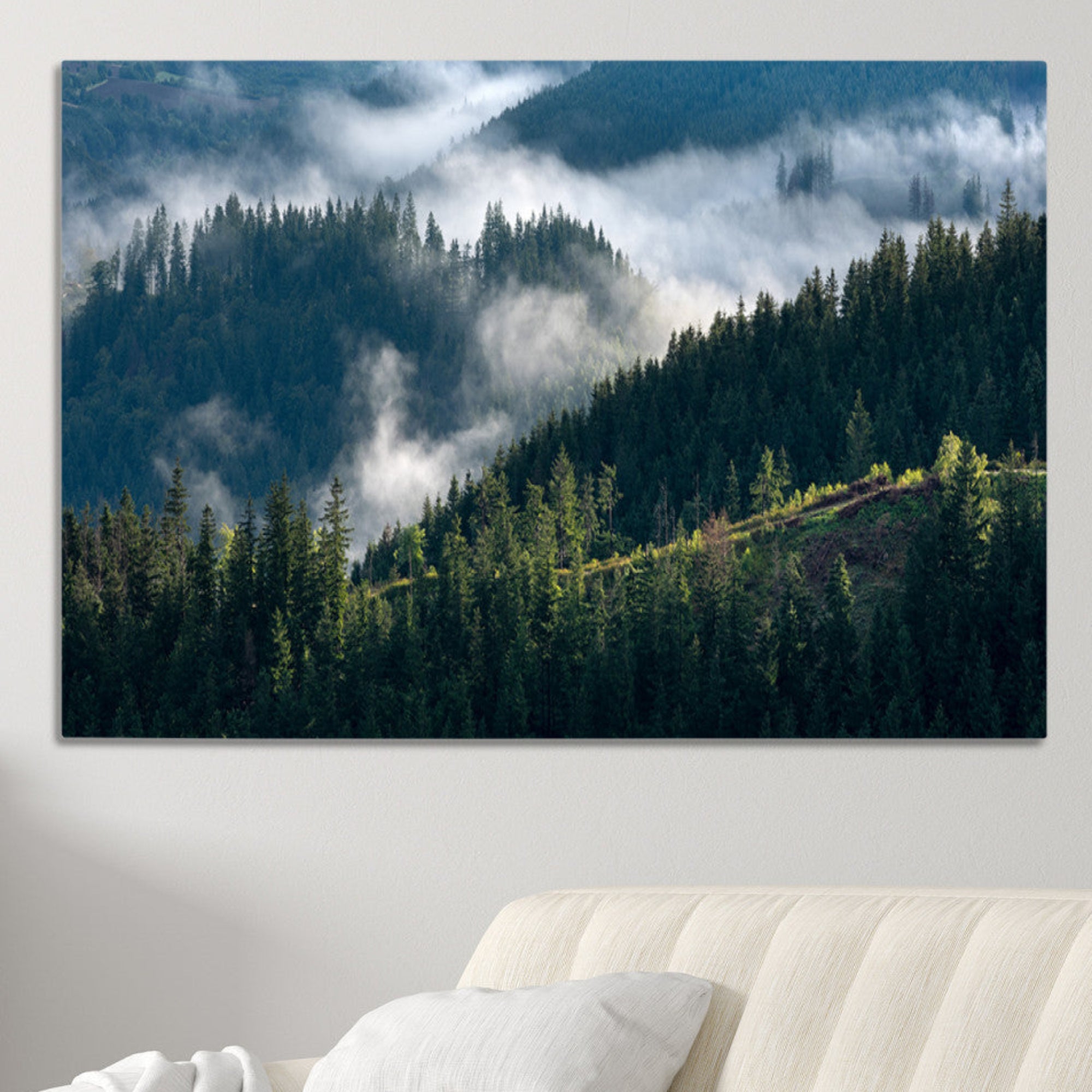 84598503-MGV-CV-36X24-Misty Forest Wall Art Canvas Print – Pine Hills Foggy Woodland Moody Atmosphere Nature Artwork for Home Office