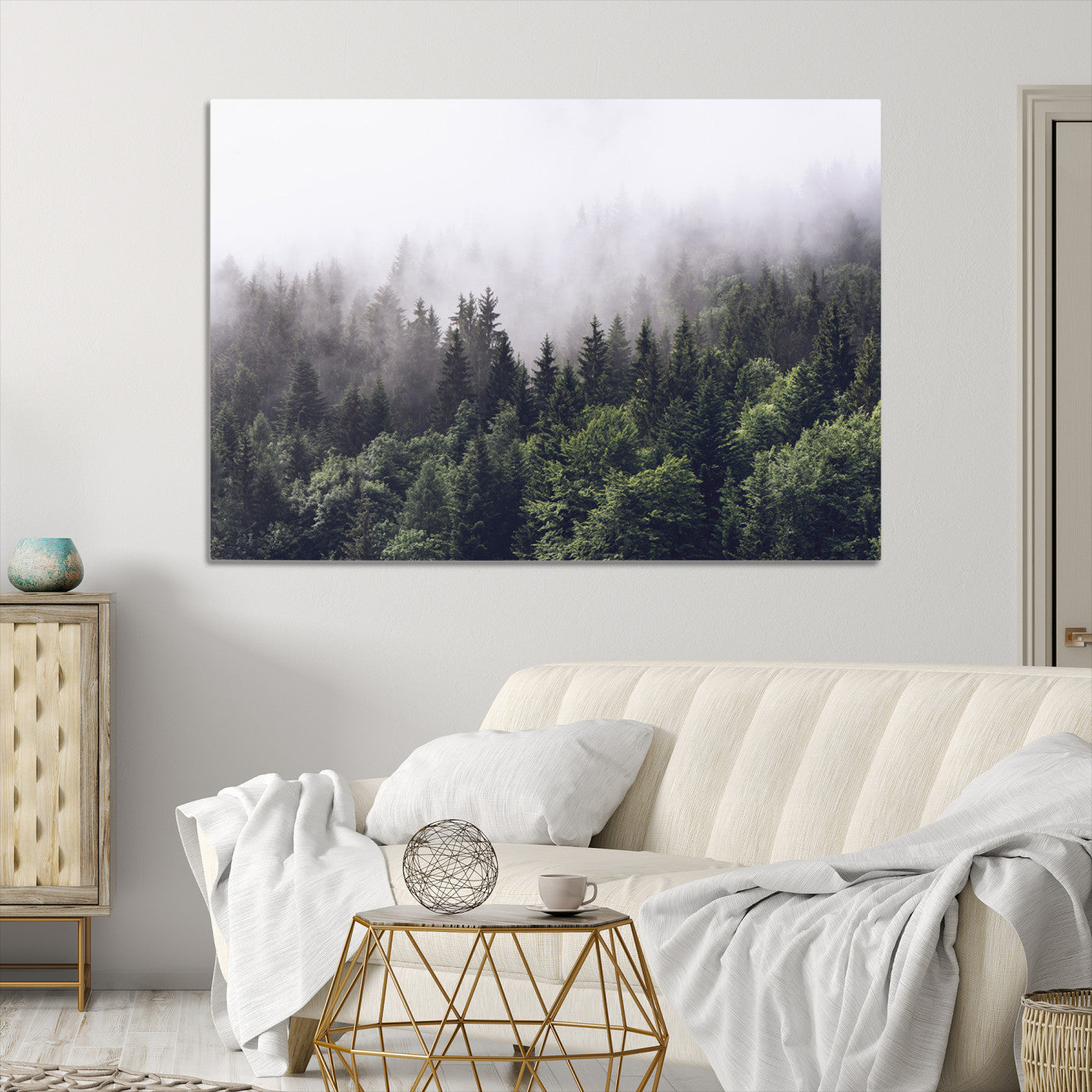 62890402-MGV-CV-36X24-Misty Forest Wall Art Canvas Print – Foggy Pines Pine Valley Moody Landscape Nature Artwork for Home Office