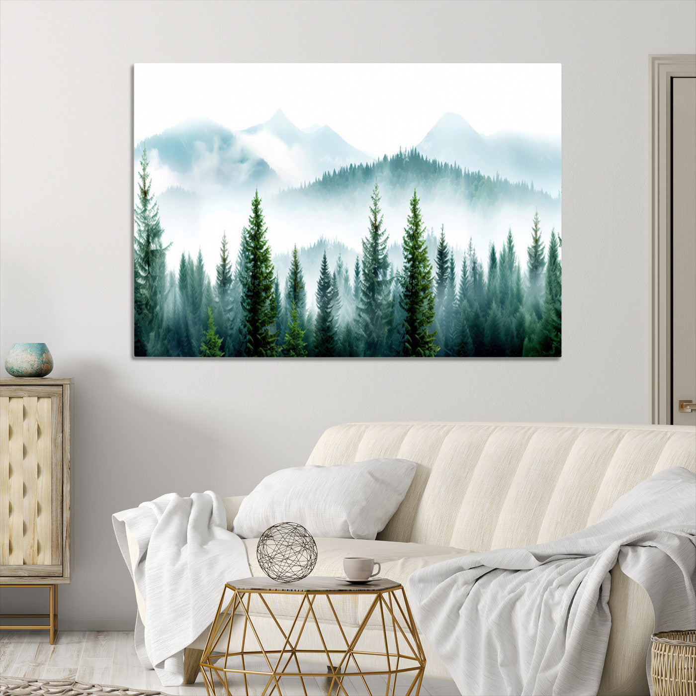16716676-MGV-CV-36X24-Pine Forest Wall Art Canvas Print – Misty Mountains Foggy Trees Serene Woodland Nature Artwork for Home Office