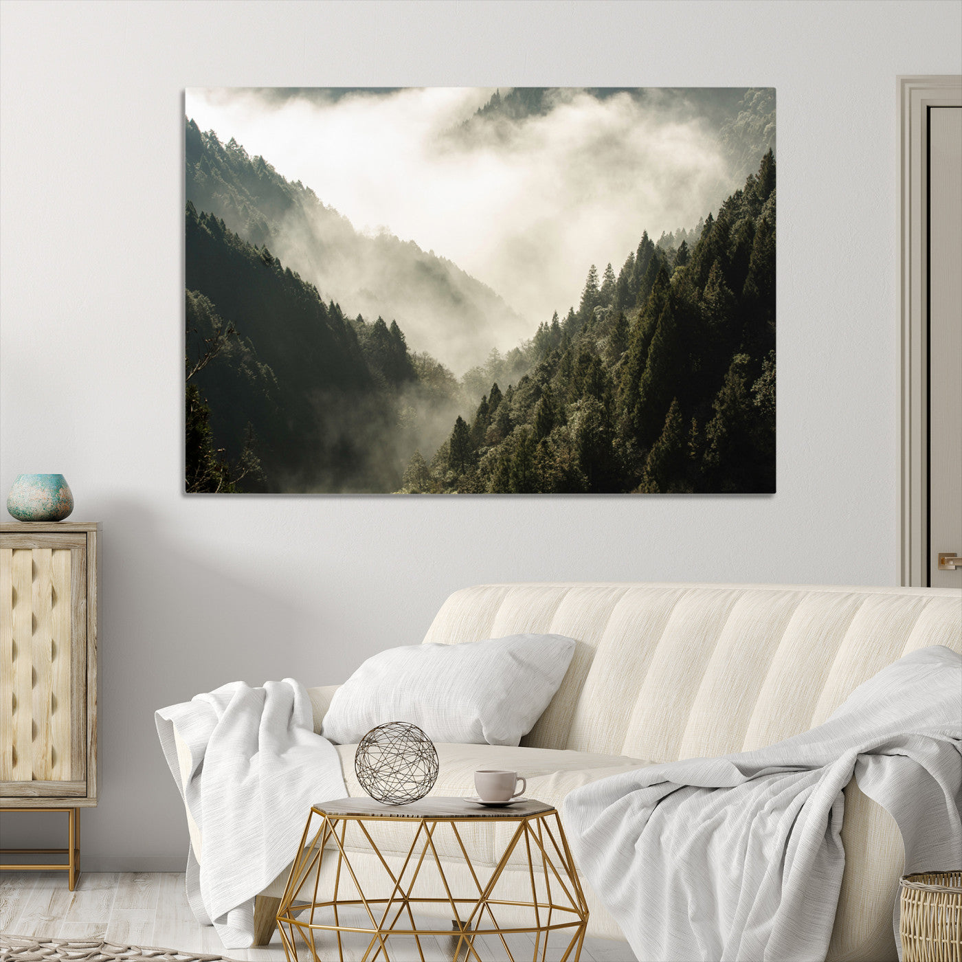 57570237-MGV-CV-36X24-Misty Valley Wall Art Canvas Print – Foggy Forest Pine Trees Serene Woodland Landscape Artwork for Home Office