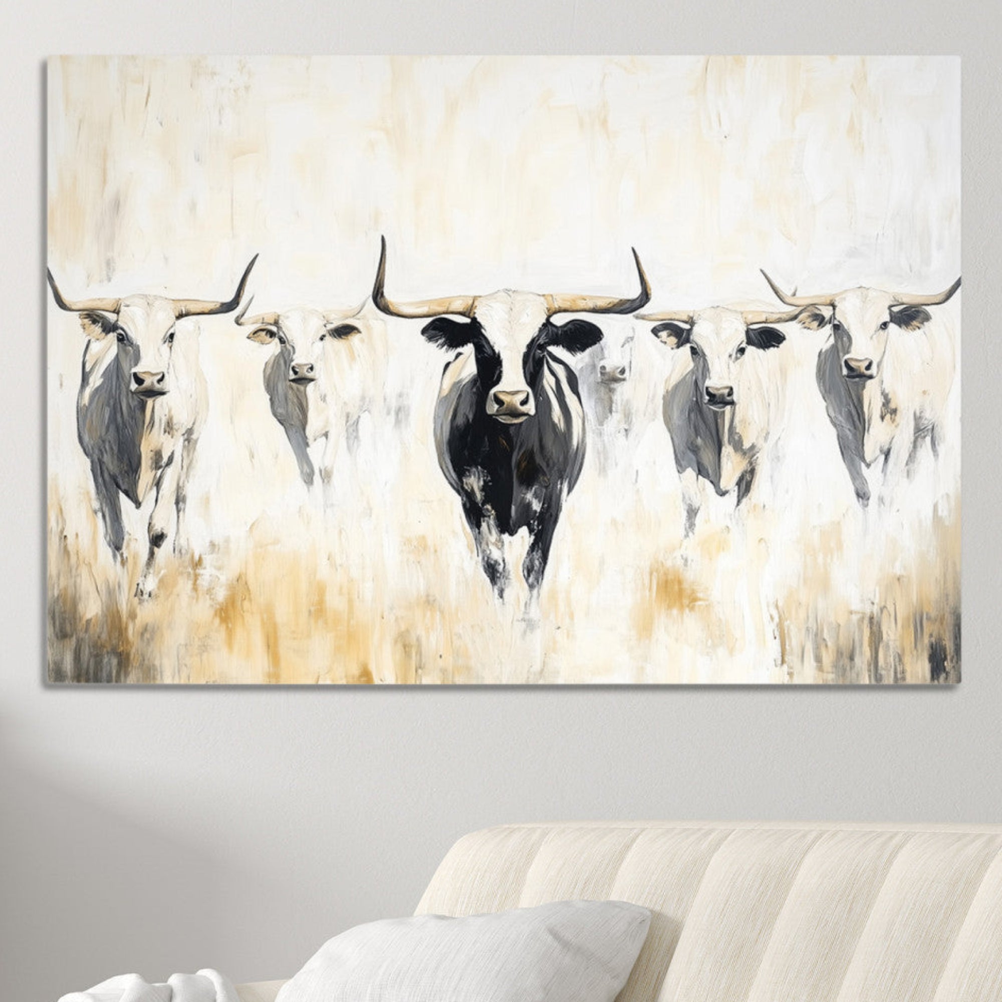 40397799-MGV-CV-36X24-Texas Longhorn Wall Art Canvas Print – Rustic Western Bull Herd Neutral Tones Country Ranch Artwork for Home Office
