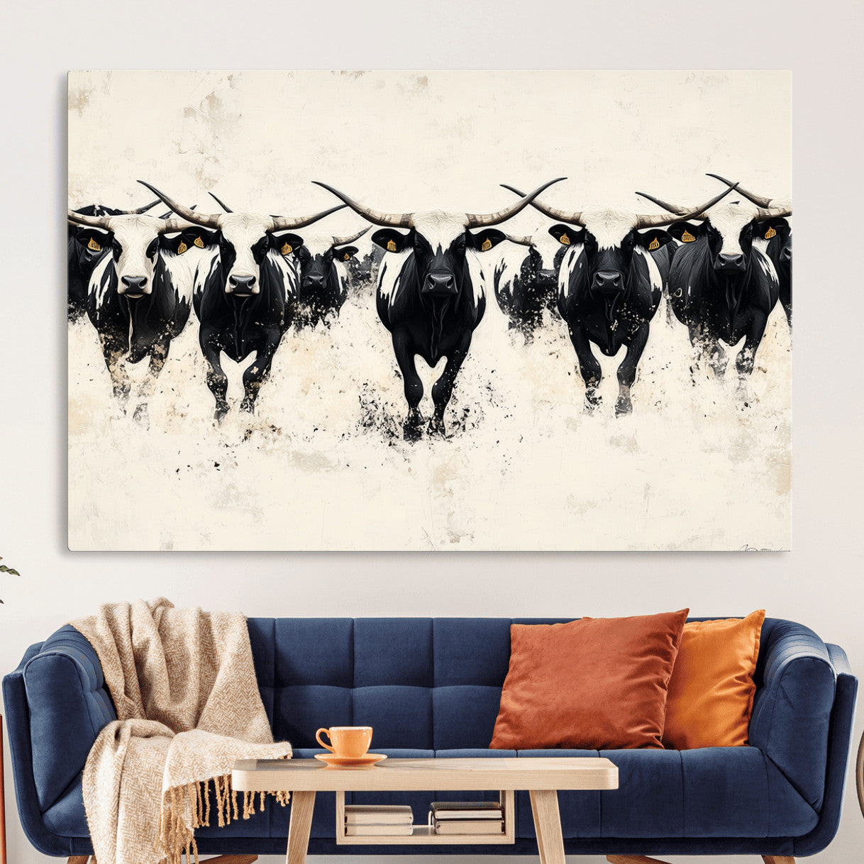 MGV-CV-36X24 - Longhorn Cattle Wall Art – Canvas Print of Herd in Motion, Symmetry and Ink Splatter, Minimalist Western Ranch, Bold Rustic Farm Decor